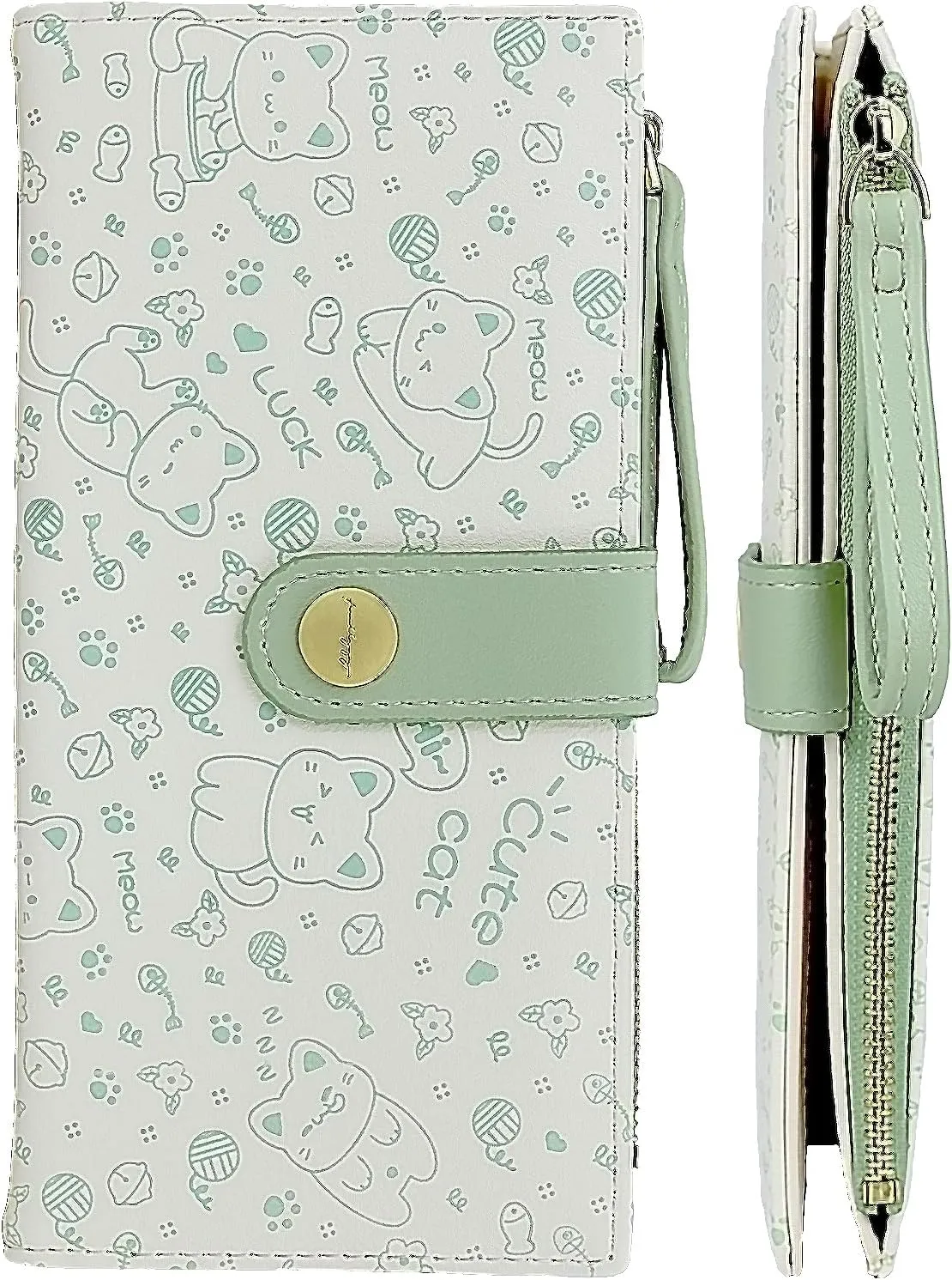 Green Cat Pattern Wallet for Women and Ladies Long Leather Coin Purse with Cute Kawaii Design Minimalist Credit Card Holder and ID Window Travel Cash Wallet for Ladies