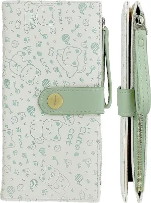 Green Cat Pattern Wallet for Women and Ladies Long Leather Coin Purse with Cute Kawaii Design Minimalist Credit Card Holder and ID Window Travel Cash Wallet for Ladies