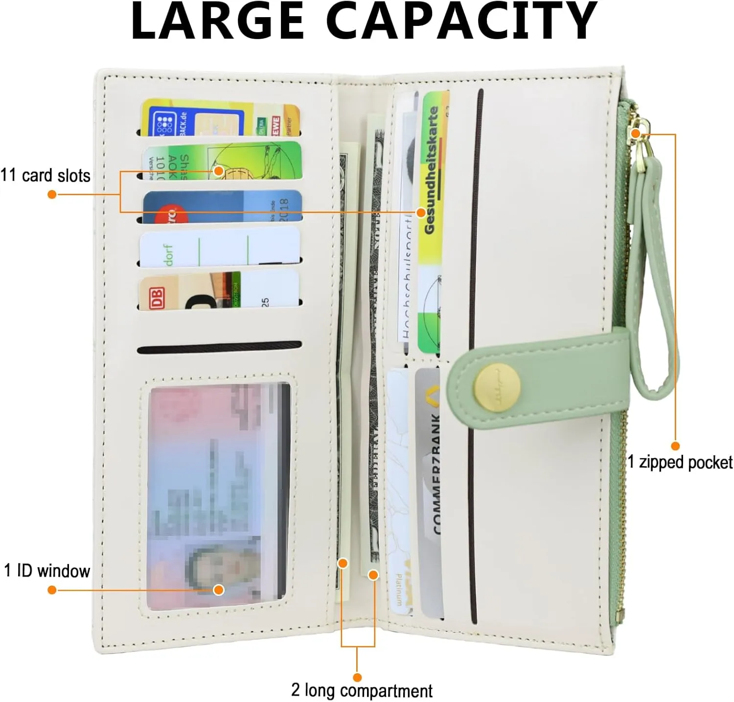 Green Cat Pattern Wallet for Women and Ladies Long Leather Coin Purse with Cute Kawaii Design Minimalist Credit Card Holder and ID Window Travel Cash Wallet for Ladies