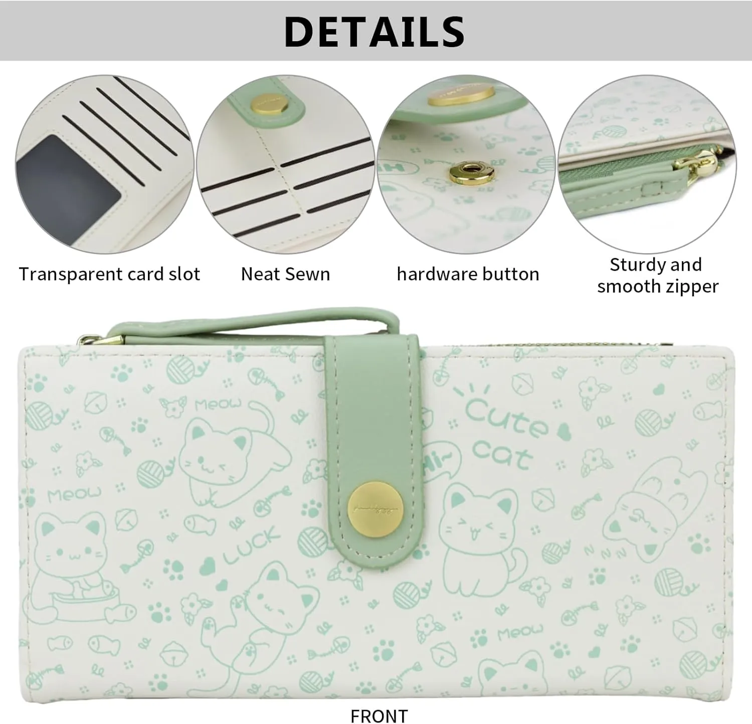 Green Cat Pattern Wallet for Women and Ladies Long Leather Coin Purse with Cute Kawaii Design Minimalist Credit Card Holder and ID Window Travel Cash Wallet for Ladies