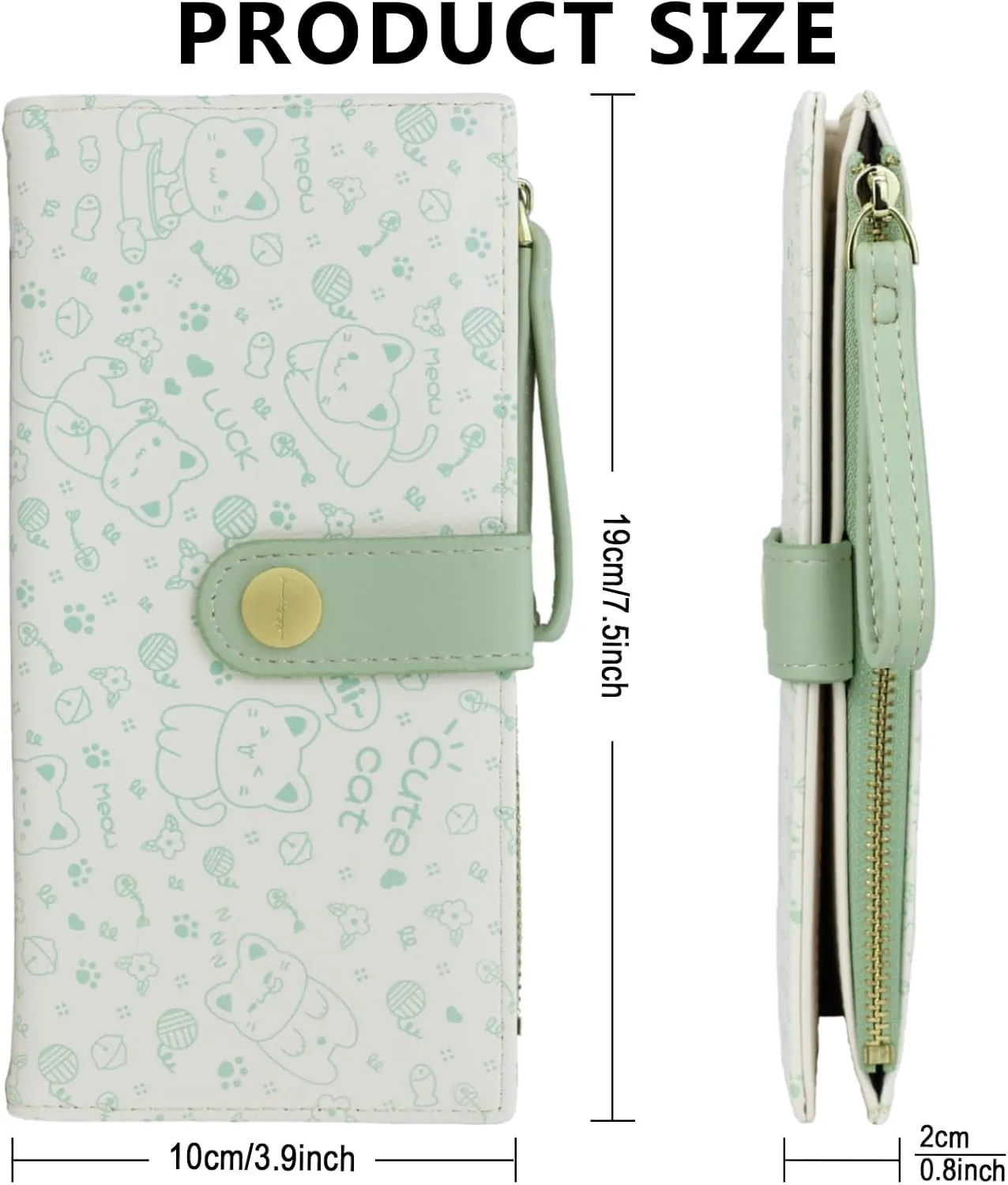 Green Cat Pattern Wallet for Women and Ladies Long Leather Coin Purse with Cute Kawaii Design Minimalist Credit Card Holder and ID Window Travel Cash Wallet for Ladies