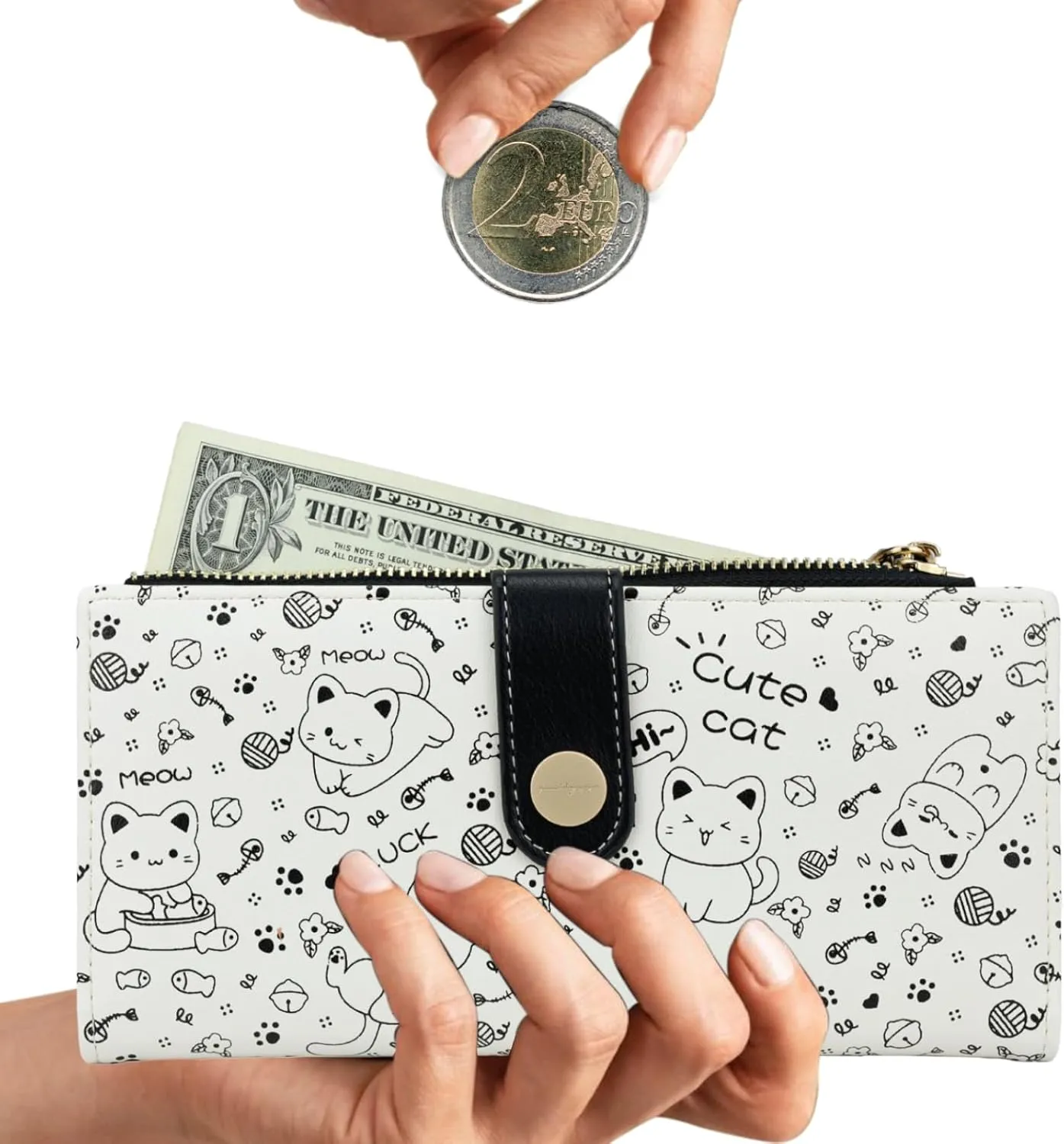 Green Cat Pattern Wallet for Women and Ladies Long Leather Coin Purse with Cute Kawaii Design Minimalist Credit Card Holder and ID Window Travel Cash Wallet for Ladies