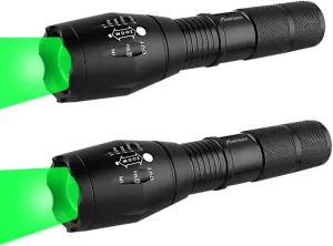 Green Hunting Flashlight Green LED Flashlight Green Handheld Light - Zoomable, Water & Shock Resistant Night Hunting Lights for Fishing Hog Pig Coyote Varmint Predator Rifle (2 Pack)