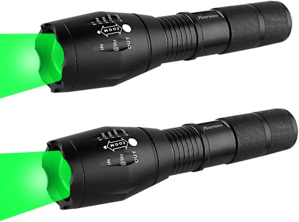 Green Hunting Flashlight Green LED Flashlight Green Handheld Light - Zoomable, Water & Shock Resistant Night Hunting Lights for Fishing Hog Pig Coyote Varmint Predator Rifle (2 Pack)