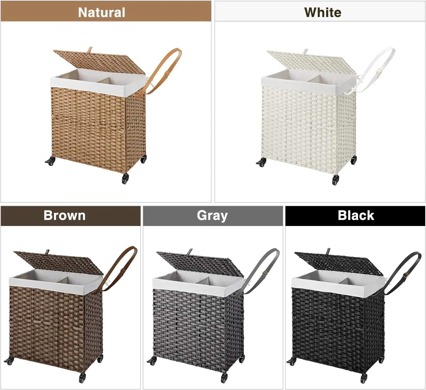 Greenstell Laundry Hamper with Wheels, No Install Needed, 110L Divided Handwoven Hampers & 2 Removable Liner Bags, Rattan Clothes Laundry Basket with Lid & Handles, Foldable Hampers Black 22x13x26.4In