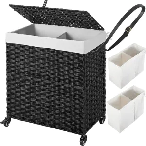 Greenstell Laundry Hamper with Wheels, No Install Needed, 110L Divided Handwoven Hampers & 2 Removable Liner Bags, Rattan Clothes Laundry Basket with Lid & Handles, Foldable Hampers Black 22x13x26.4In