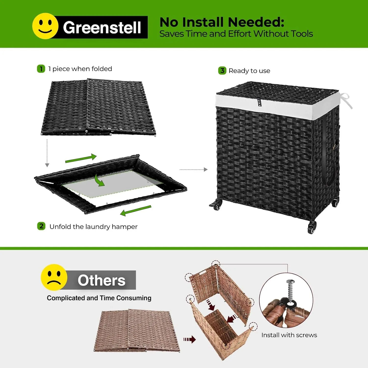 Greenstell Laundry Hamper with Wheels, No Install Needed, 110L Divided Handwoven Hampers & 2 Removable Liner Bags, Rattan Clothes Laundry Basket with Lid & Handles, Foldable Hampers Black 22x13x26.4In