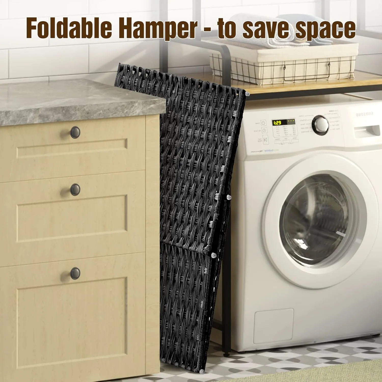 Greenstell Laundry Hamper with Wheels, No Install Needed, 110L Divided Handwoven Hampers & 2 Removable Liner Bags, Rattan Clothes Laundry Basket with Lid & Handles, Foldable Hampers Black 22x13x26.4In