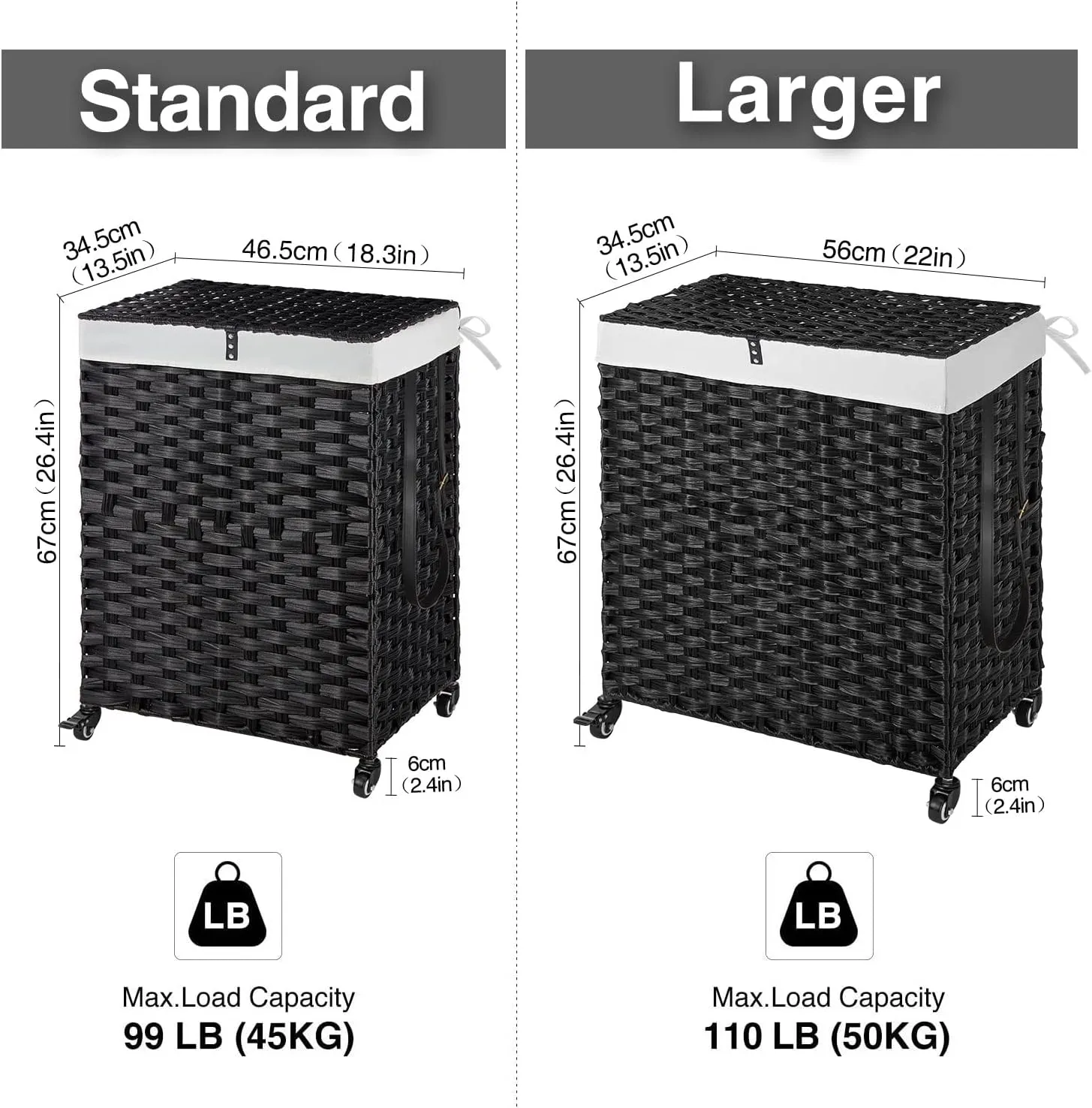 Greenstell Laundry Hamper with Wheels, No Install Needed, 110L Divided Handwoven Hampers & 2 Removable Liner Bags, Rattan Clothes Laundry Basket with Lid & Handles, Foldable Hampers Black 22x13x26.4In