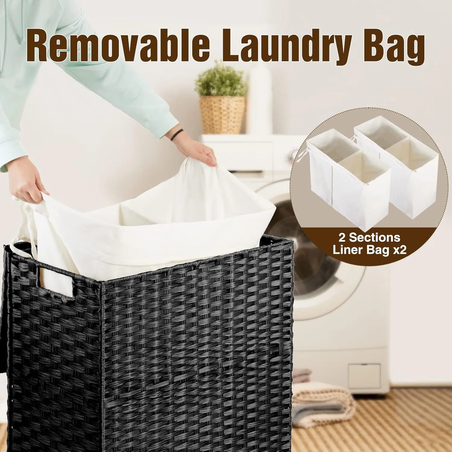 Greenstell Laundry Hamper with Wheels, No Install Needed, 110L Divided Handwoven Hampers & 2 Removable Liner Bags, Rattan Clothes Laundry Basket with Lid & Handles, Foldable Hampers Black 22x13x26.4In