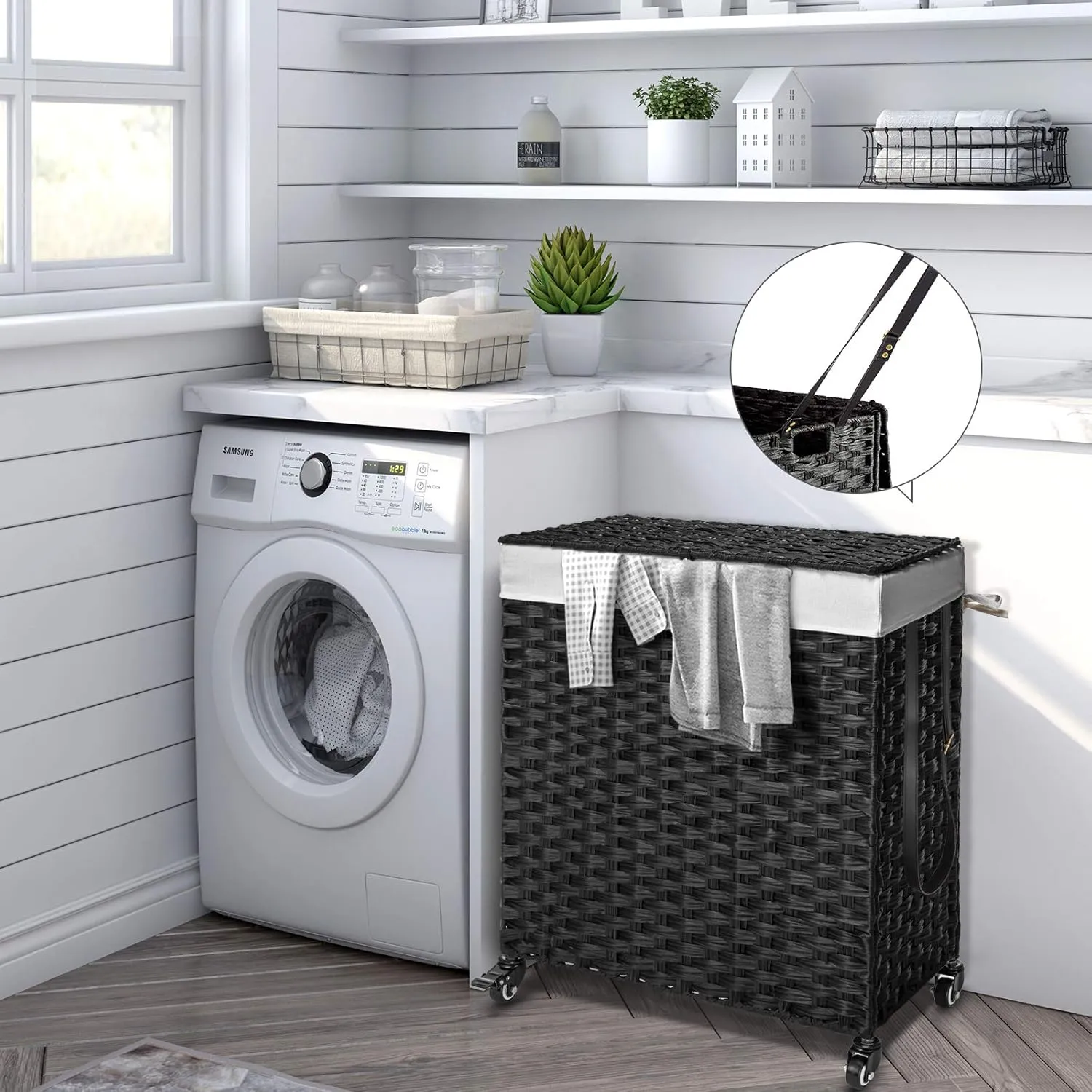 Greenstell Laundry Hamper with Wheels, No Install Needed, 110L Divided Handwoven Hampers & 2 Removable Liner Bags, Rattan Clothes Laundry Basket with Lid & Handles, Foldable Hampers Black 22x13x26.4In