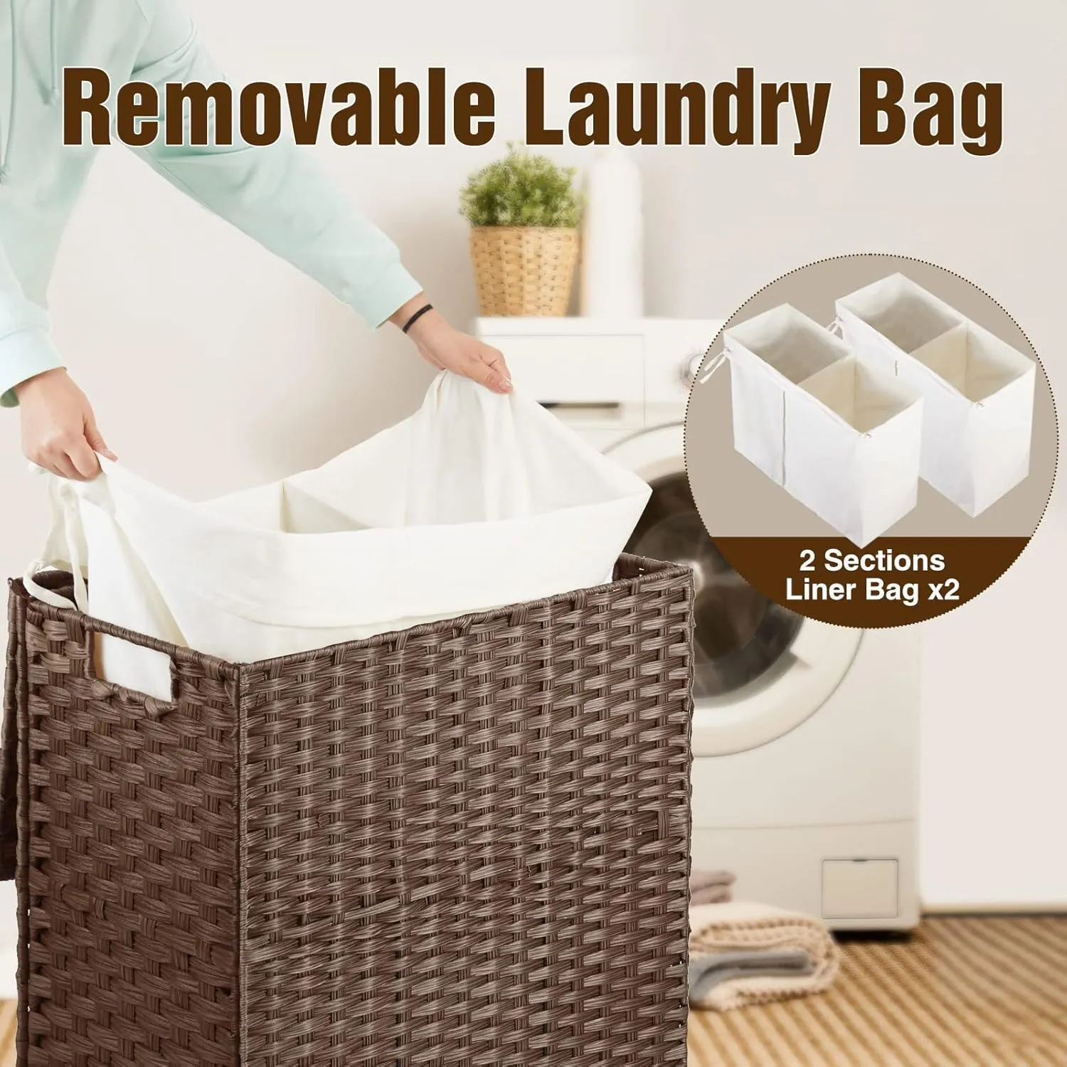 Greenstell Laundry Hamper with Wheels, No Install Needed, 90L Divided Handwoven Hampers & 2 Removable Liner Bags, Synthetic Rattan Clothes Laundry Basket with Lid & Handles, Foldable Hampers Brown