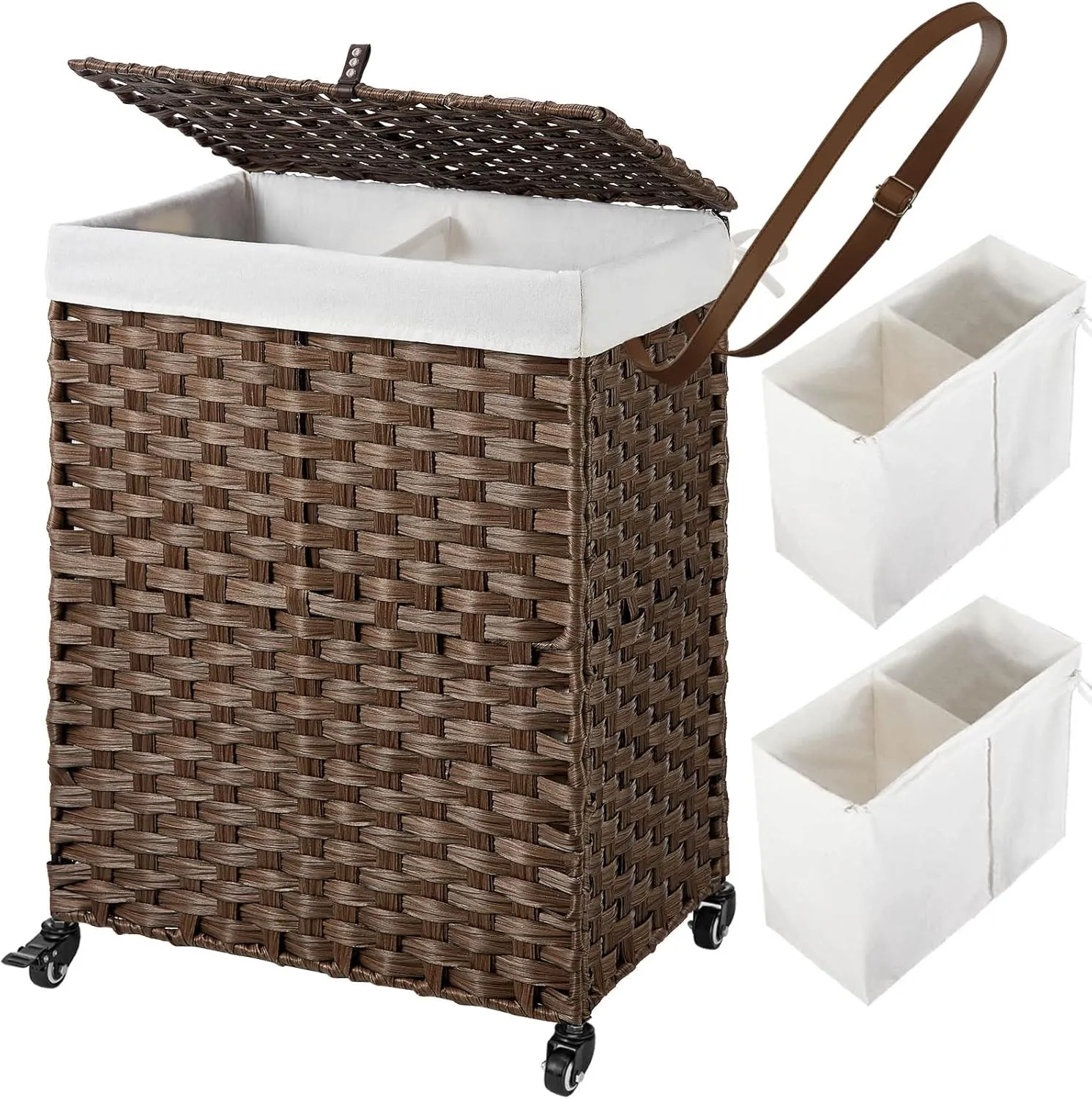 Greenstell Laundry Hamper with Wheels, No Install Needed, 90L Divided Handwoven Hampers & 2 Removable Liner Bags, Synthetic Rattan Clothes Laundry Basket with Lid & Handles, Foldable Hampers Brown
