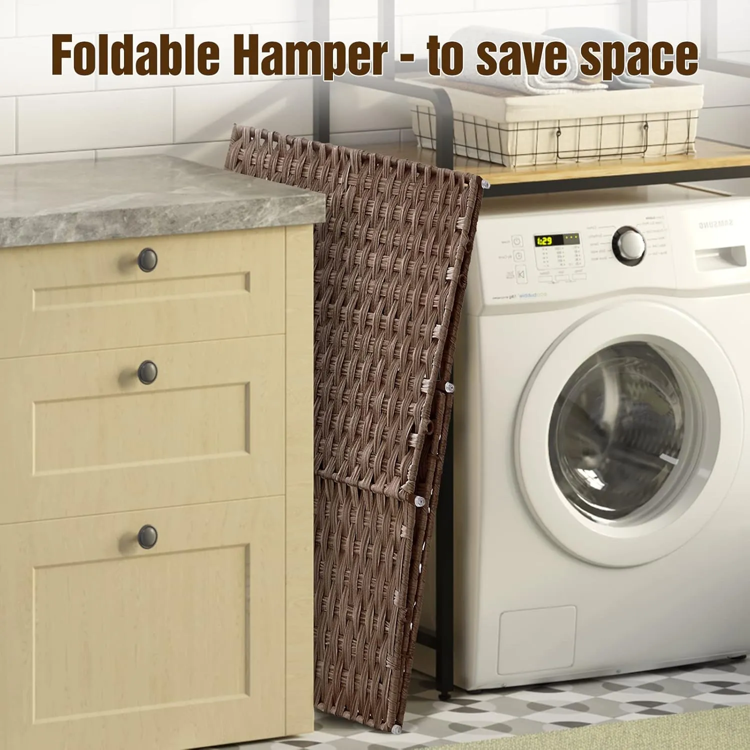 Greenstell Laundry Hamper with Wheels, No Install Needed, 90L Divided Handwoven Hampers & 2 Removable Liner Bags, Synthetic Rattan Clothes Laundry Basket with Lid & Handles, Foldable Hampers Brown