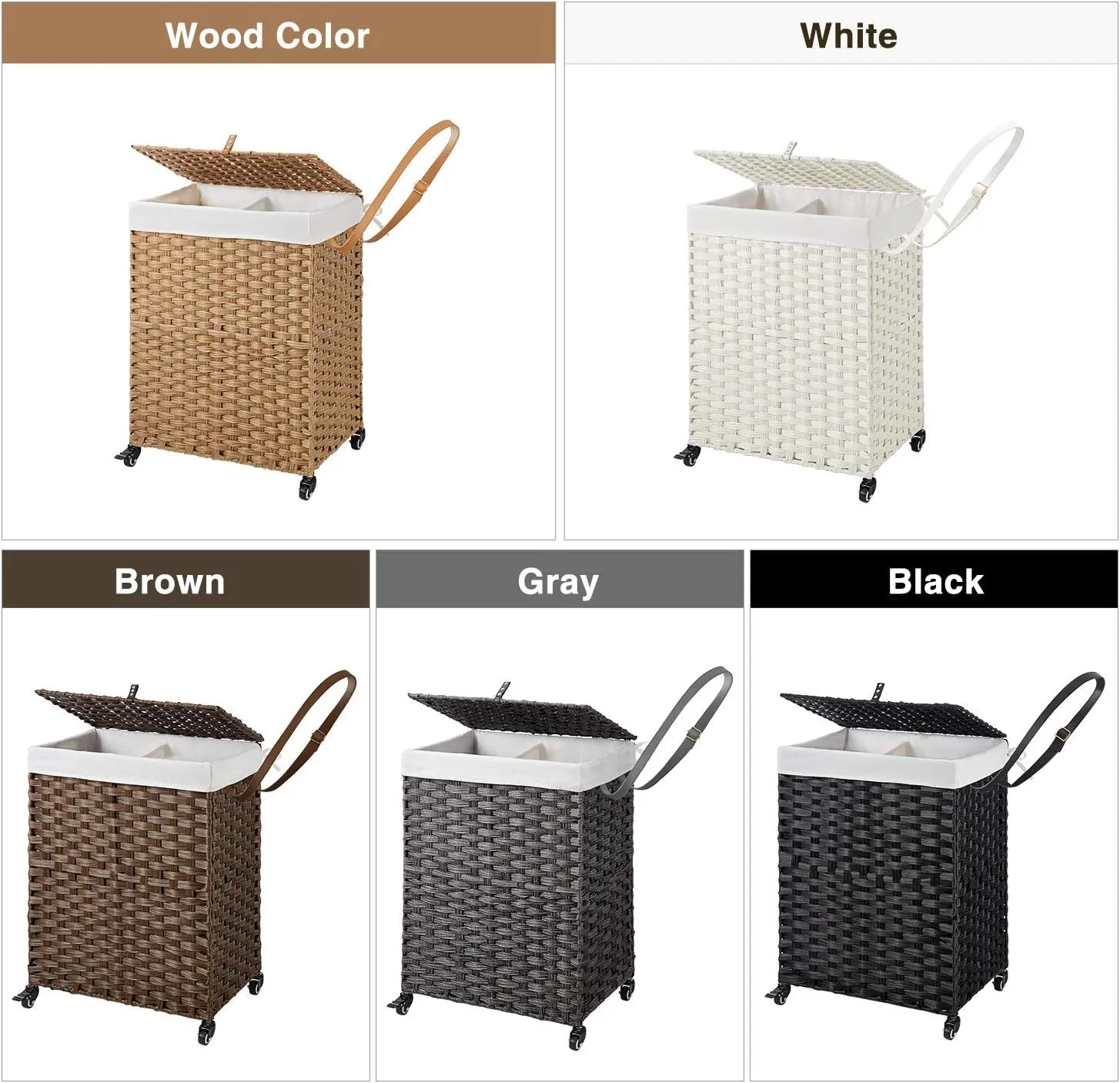Greenstell Laundry Hamper with Wheels, No Install Needed, 90L Divided Handwoven Hampers & 2 Removable Liner Bags, Synthetic Rattan Clothes Laundry Basket with Lid & Handles, Foldable Hampers Brown