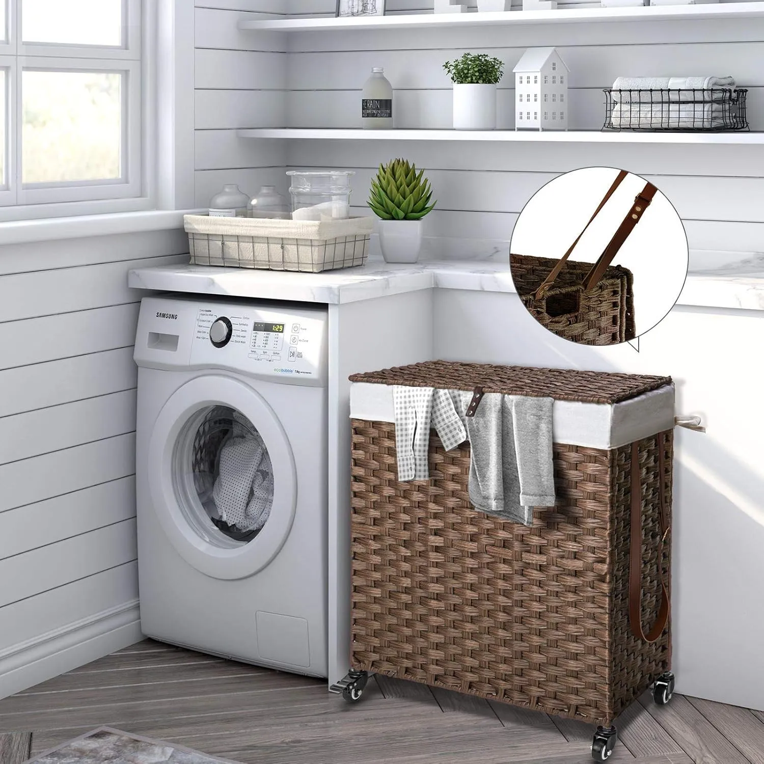 Greenstell Laundry Hamper with Wheels, No Install Needed, 90L Divided Handwoven Hampers & 2 Removable Liner Bags, Synthetic Rattan Clothes Laundry Basket with Lid & Handles, Foldable Hampers Brown