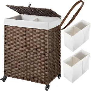 Greenstell Laundry Hamper with Wheels, No Install Needed, 90L Divided Handwoven Hampers & 2 Removable Liner Bags, Synthetic Rattan Clothes Laundry Basket with Lid & Handles, Foldable Hampers Brown