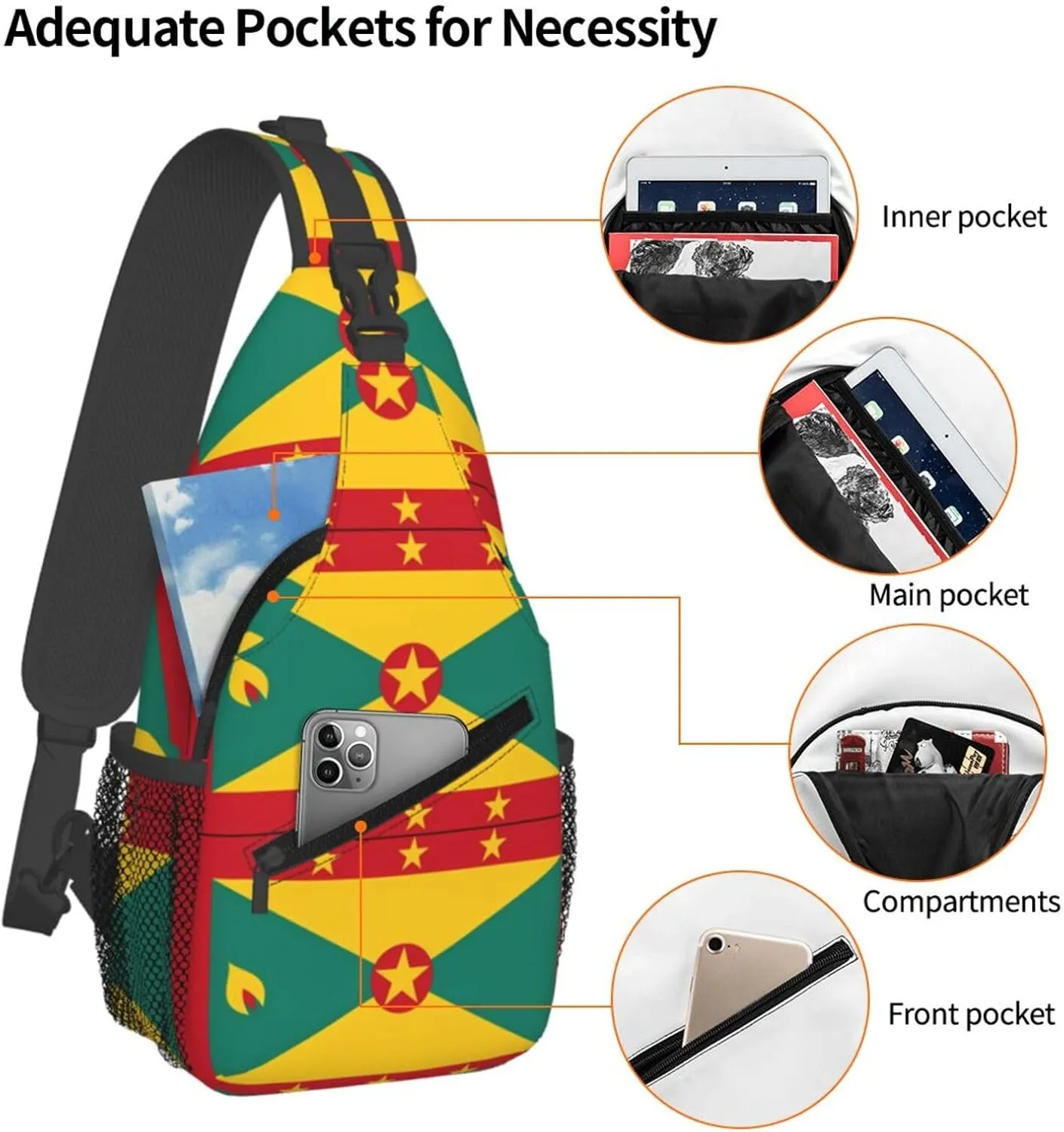 Grenada Flag Crossbody Bag Cross Chest Bag Adjustable Sling Backpack Sports Gym Shoulder Bags Travel Cycling Daypack Diagonally Casual Rucksack