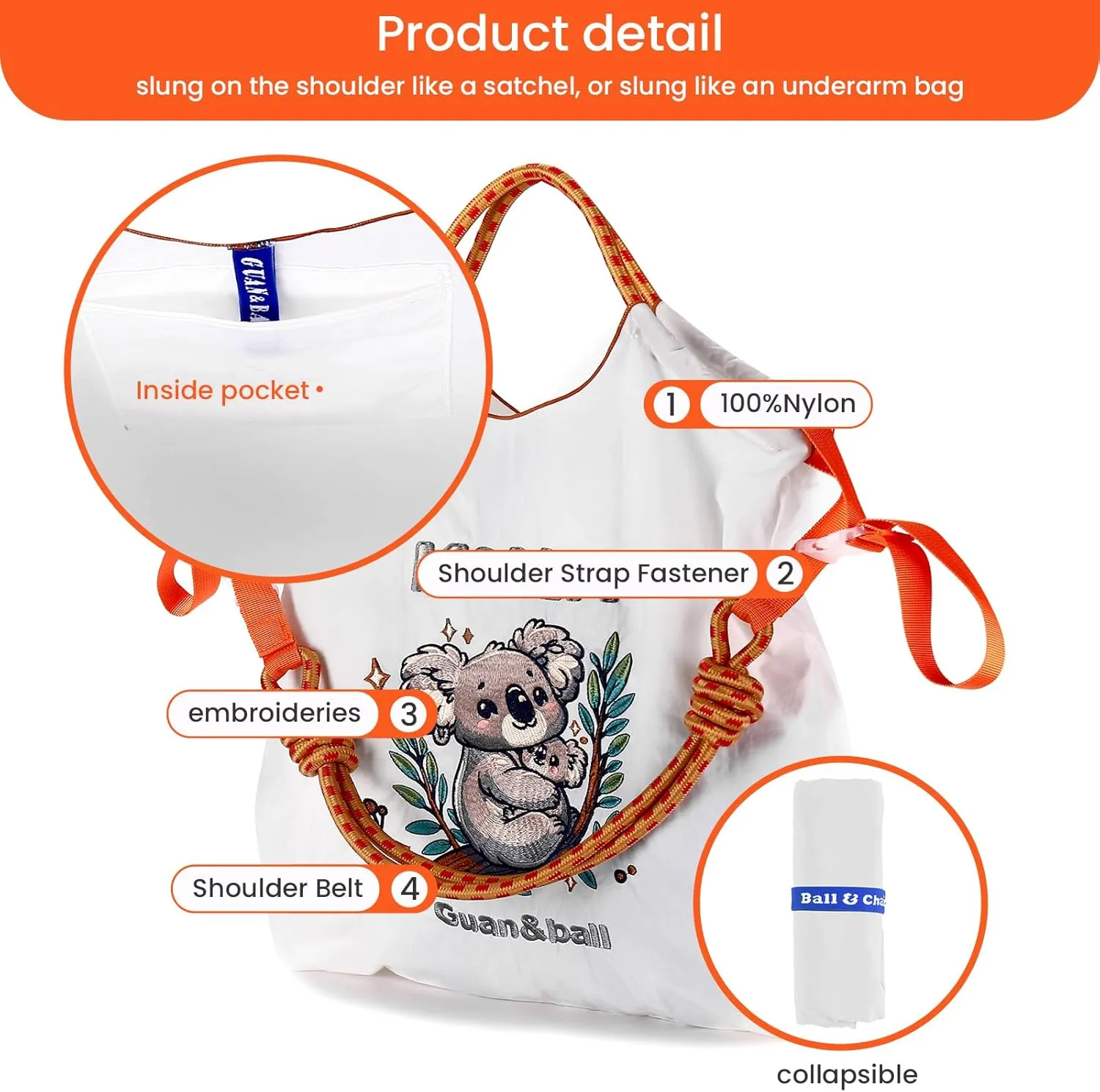 Guan&Ball Tote Bag for Women, Foldable Tote Bag With Large Shoulder strap Bag Handle Handbag for Travel, Work