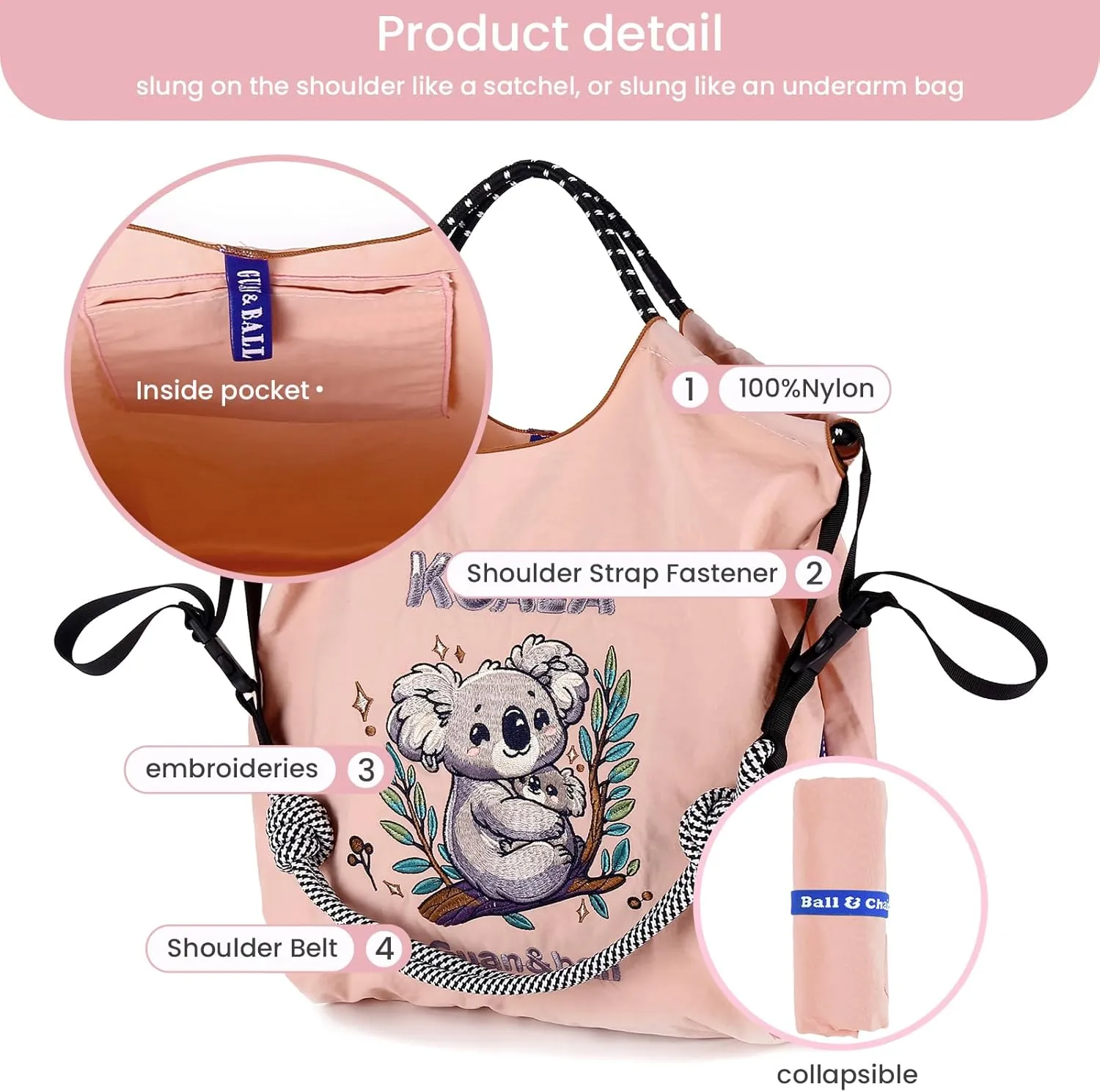Guan&Ball Tote Bag for Women, Foldable Tote Bag With Large Shoulder strap Bag Handle Handbag for Travel, Work