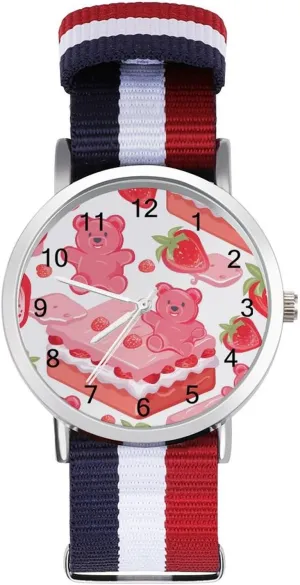 Gummy Bears and Strawberry Cake Unisex Watch Lightweight Breathable Woven Nylon Wrist Strap Watch with Metal Buckle