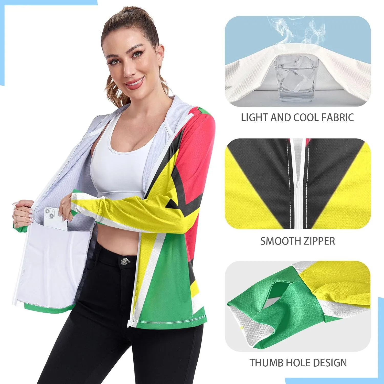 Guyana Flag Uv Protection Jacket Upf 50 , Long Sleeve Zip up Outdoor Jacket