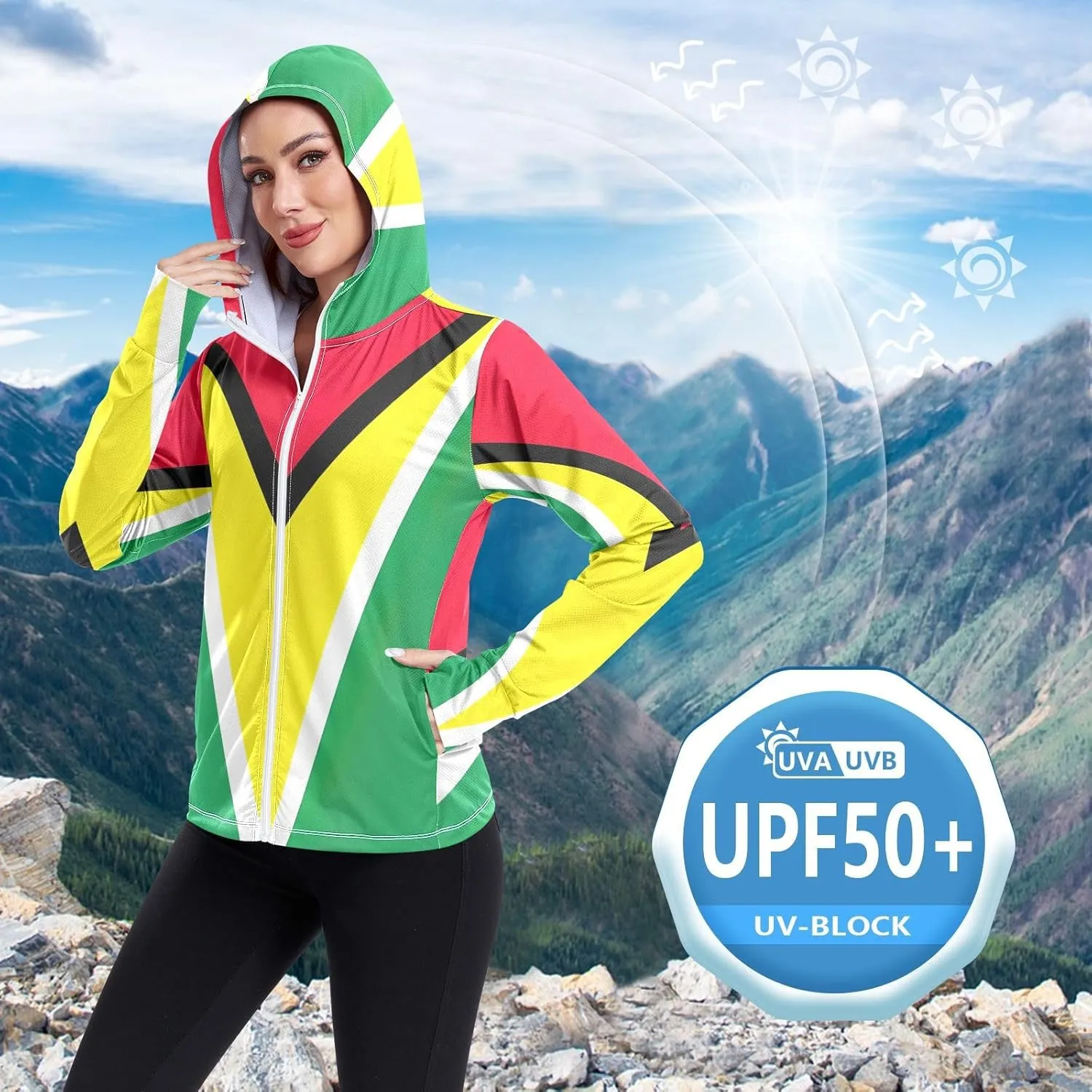Guyana Flag Uv Protection Jacket Upf 50 , Long Sleeve Zip up Outdoor Jacket