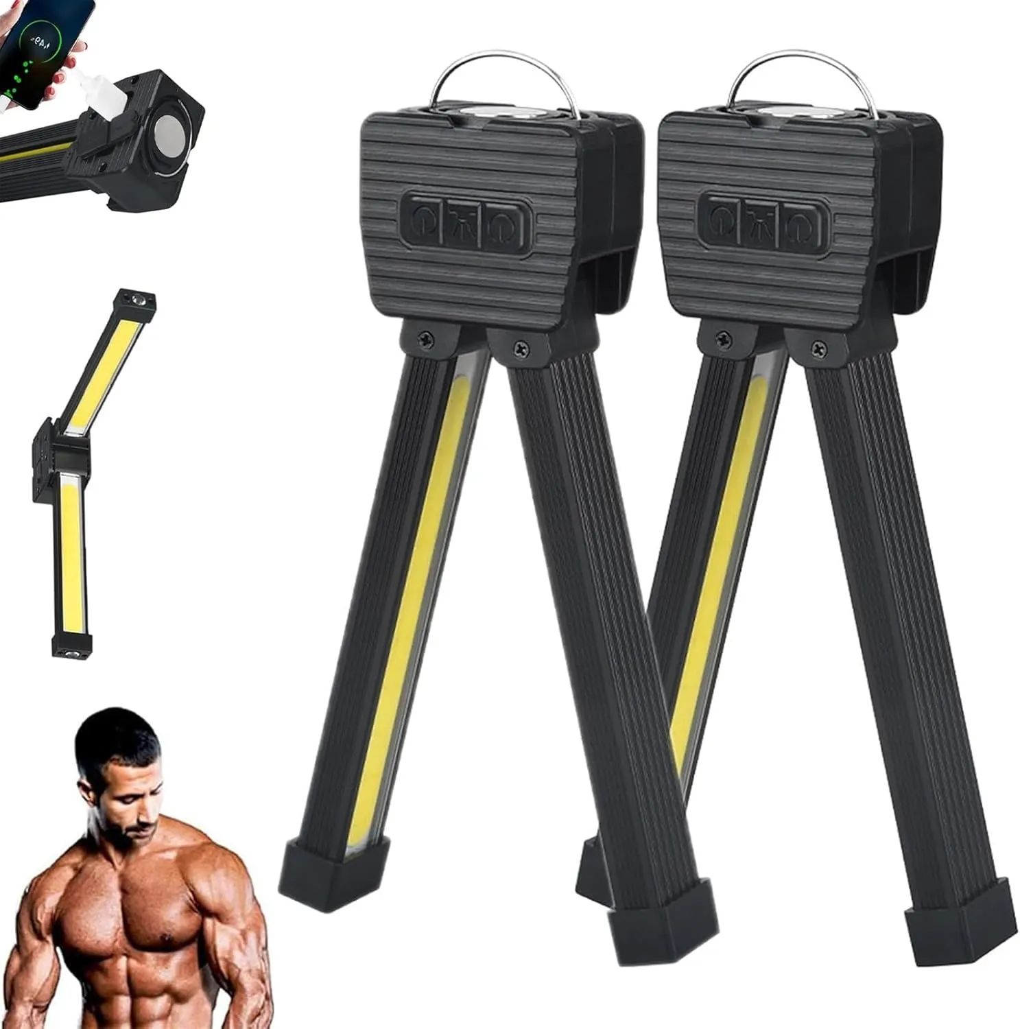 Gym Lamp for Posing - 2PCS Posing Lamp, Portable Magnet LED Flashlight with Hook, Handheld Flashlights USB Rechargeable Worklight, 180 Degree Folding Work Light, Camping Light, 7th Gear Dimming