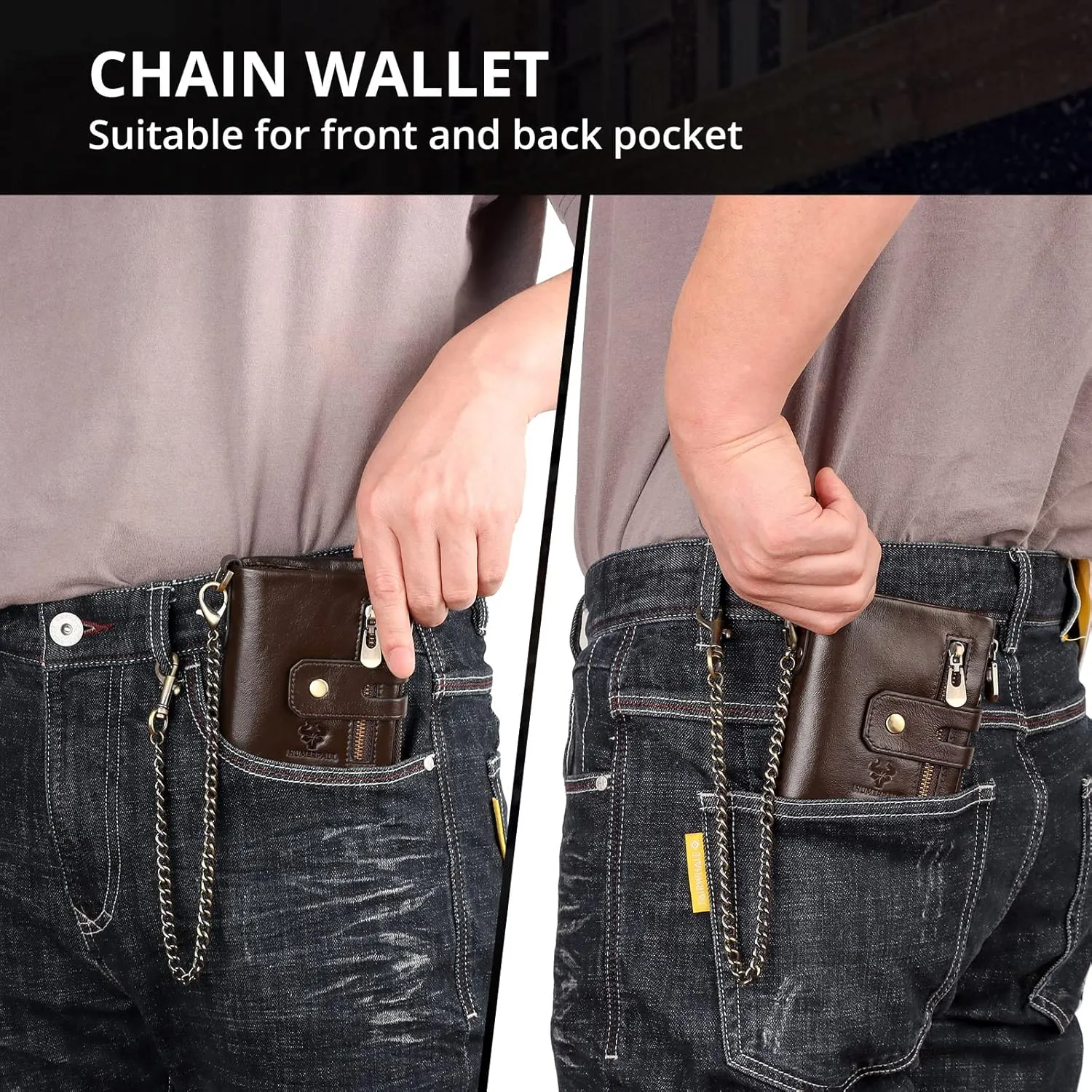 gzcz Mens Wallet with Chain RFID Blocking Genuine Leather Bifold Purse for Men with ID Window and Zip Coin Pocket