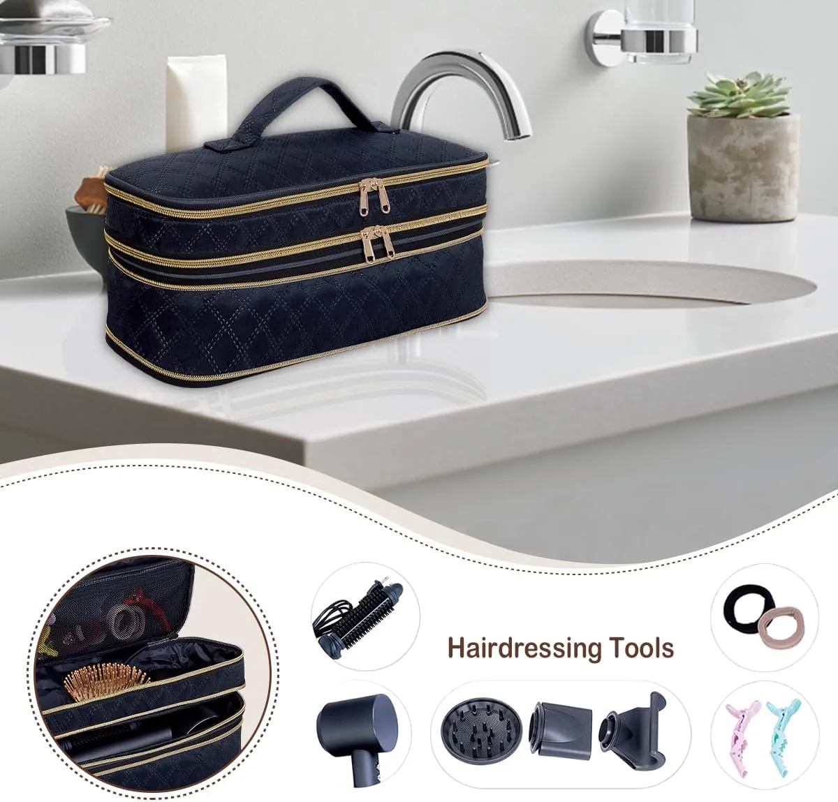 Hair Dryer Travel Carrying Case, Curling Iron Storage Bag, Slim Expandable Handheld Dual-Layer Travel Storage Bag for Dryer/Hair Tool Organizer/Style Organizer