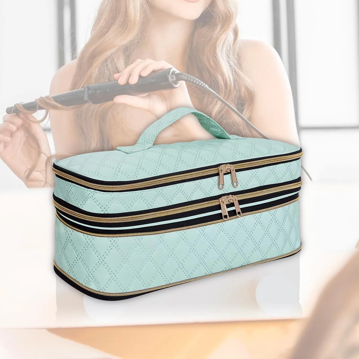 Hair Dryer Travel Carrying Case, Curling Iron Storage Bag, Slim Expandable Handheld Dual-Layer Travel Storage Bag for Dryer/Hair Tool Organizer/Style Organizer