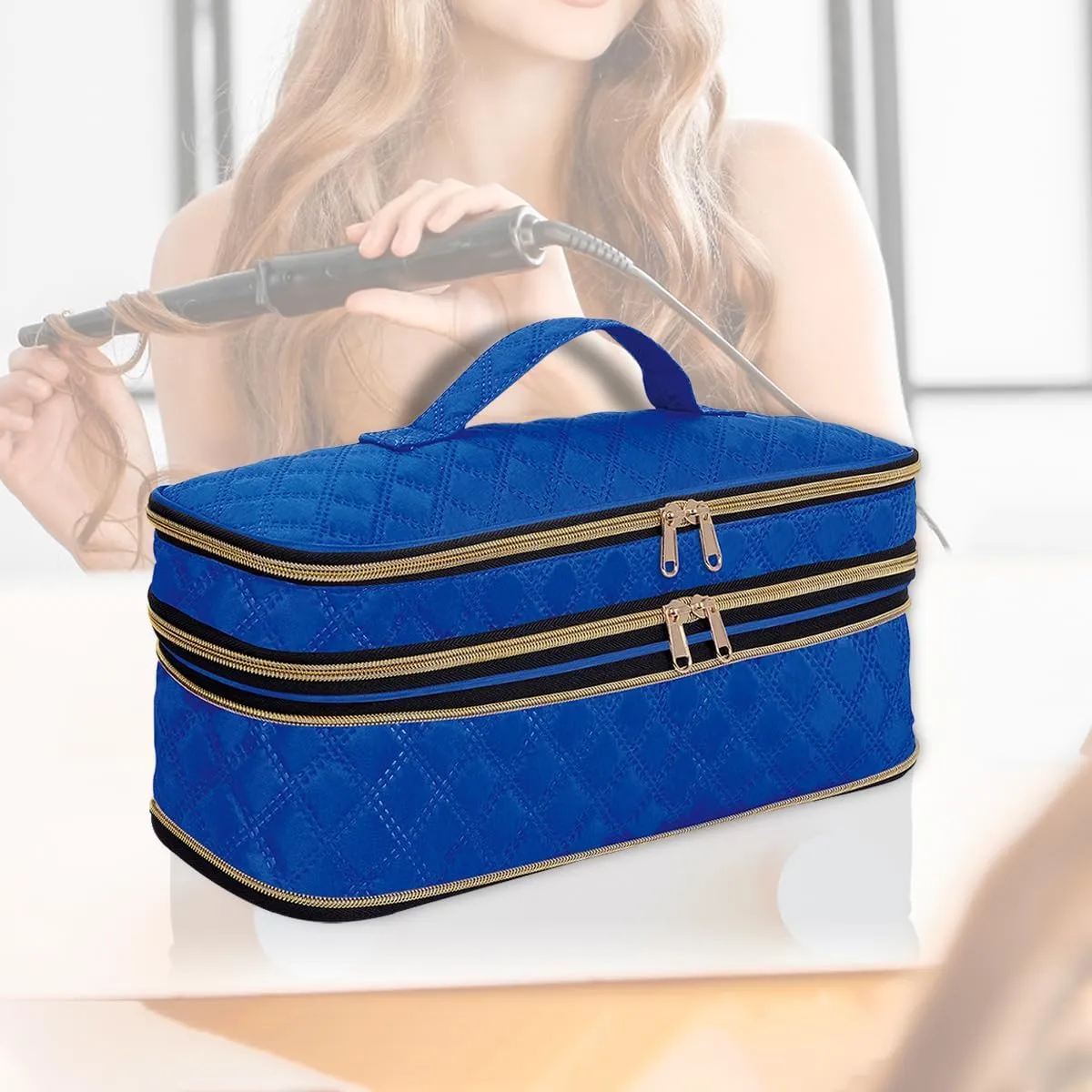Hair Dryer Travel Carrying Case, Curling Iron Storage Bag, Slim Expandable Handheld Dual-Layer Travel Storage Bag for Dryer/Hair Tool Organizer/Style Organizer