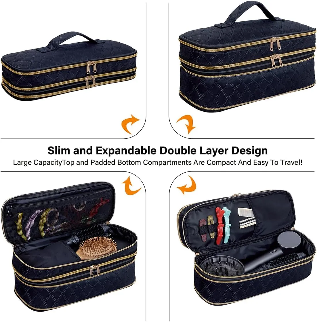 Hair Dryer Travel Carrying Case, Curling Iron Storage Bag, Slim Expandable Handheld Dual-Layer Travel Storage Bag for Dryer/Hair Tool Organizer/Style Organizer