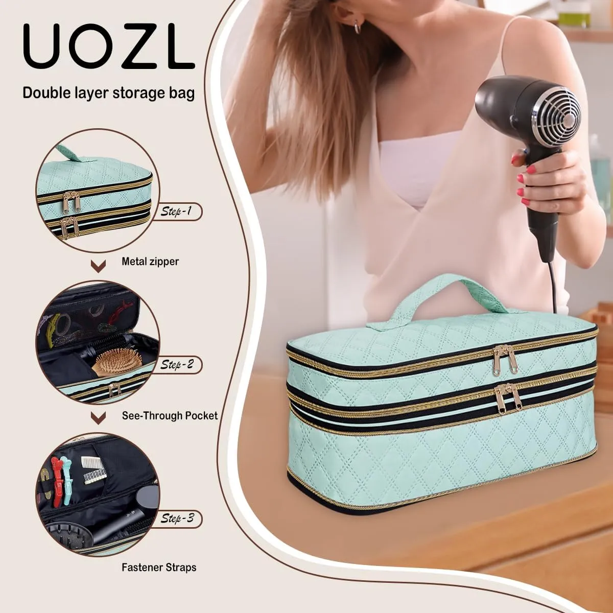 Hair Dryer Travel Carrying Case, Curling Iron Storage Bag, Slim Expandable Handheld Dual-Layer Travel Storage Bag for Dryer/Hair Tool Organizer/Style Organizer
