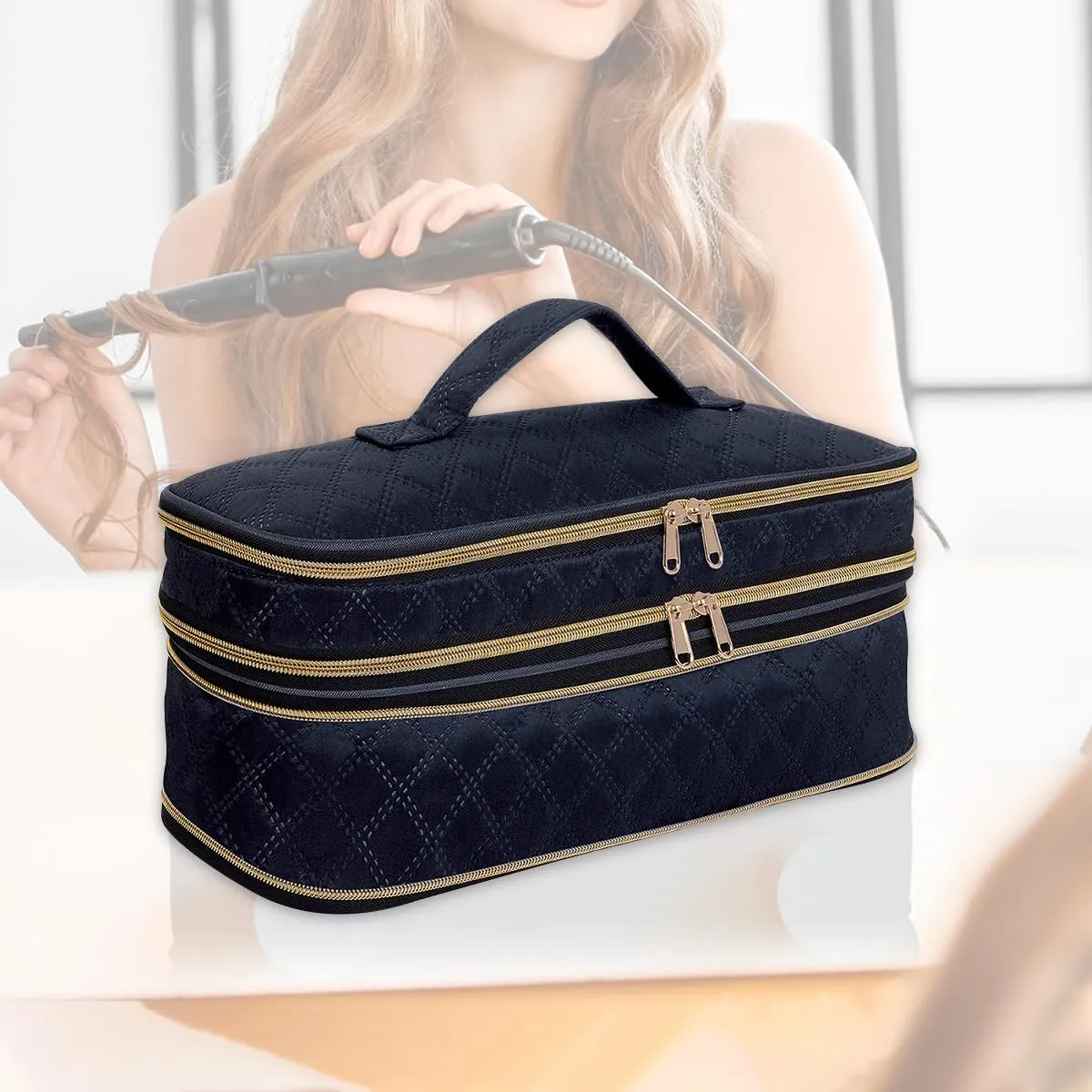 Hair Dryer Travel Carrying Case, Curling Iron Storage Bag, Slim Expandable Handheld Dual-Layer Travel Storage Bag for Dryer/Hair Tool Organizer/Style Organizer