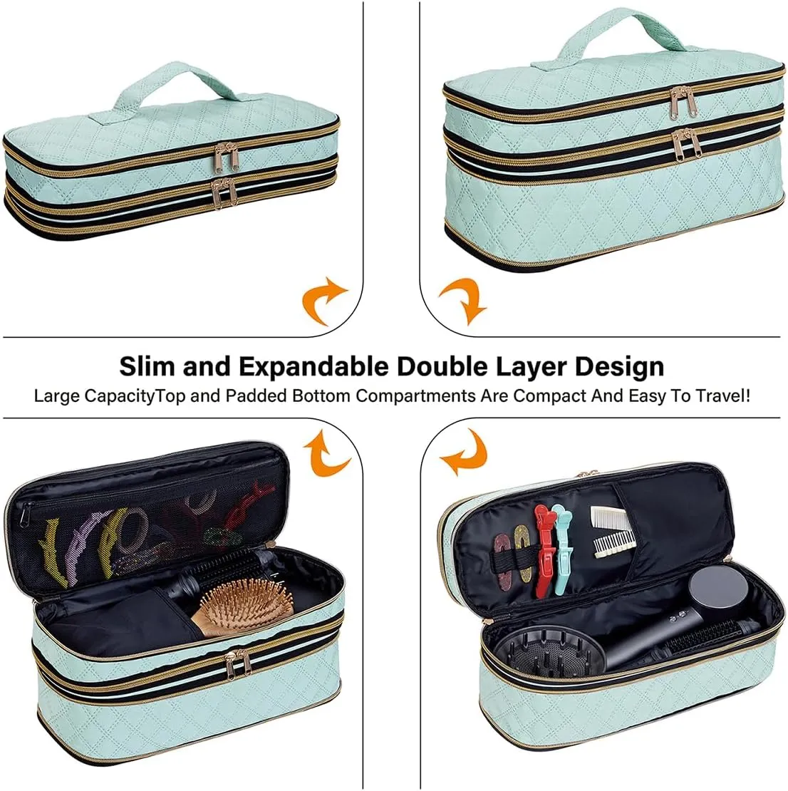 Hair Dryer Travel Carrying Case, Curling Iron Storage Bag, Slim Expandable Handheld Dual-Layer Travel Storage Bag for Dryer/Hair Tool Organizer/Style Organizer