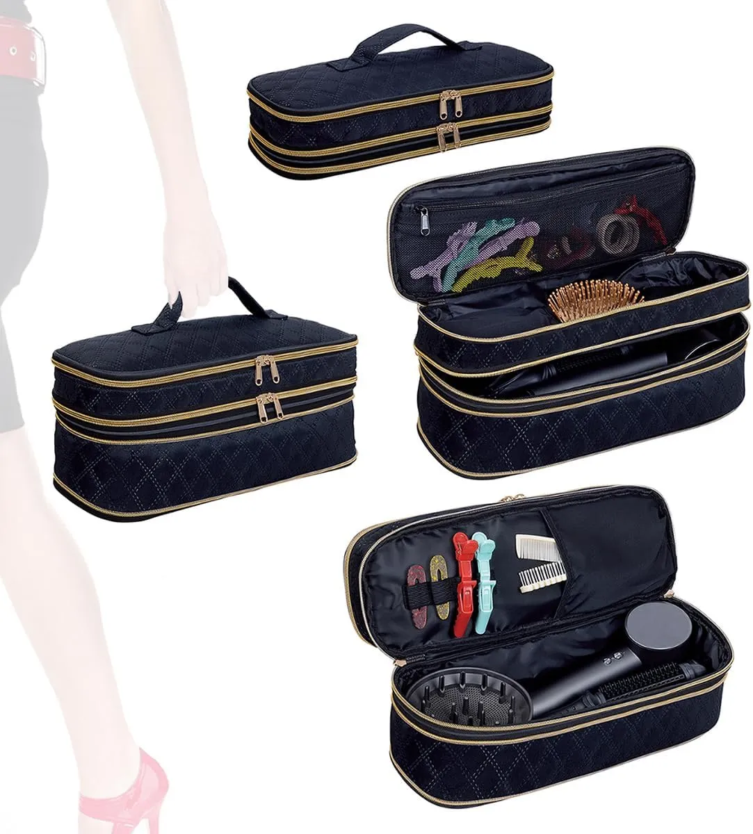 Hair Dryer Travel Carrying Case, Curling Iron Storage Bag, Slim Expandable Handheld Dual-Layer Travel Storage Bag for Dryer/Hair Tool Organizer/Style Organizer