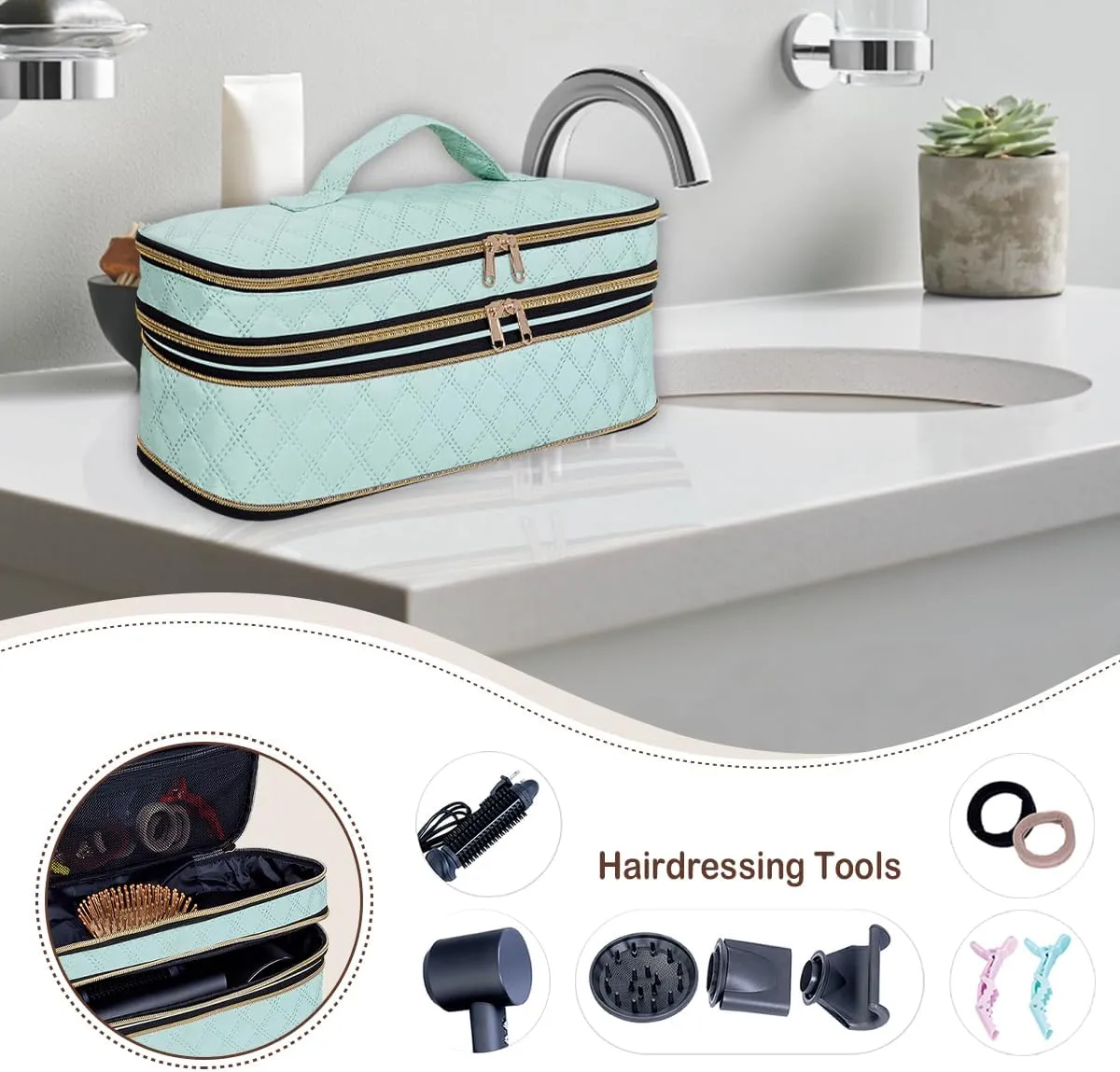 Hair Dryer Travel Carrying Case, Curling Iron Storage Bag, Slim Expandable Handheld Dual-Layer Travel Storage Bag for Dryer/Hair Tool Organizer/Style Organizer