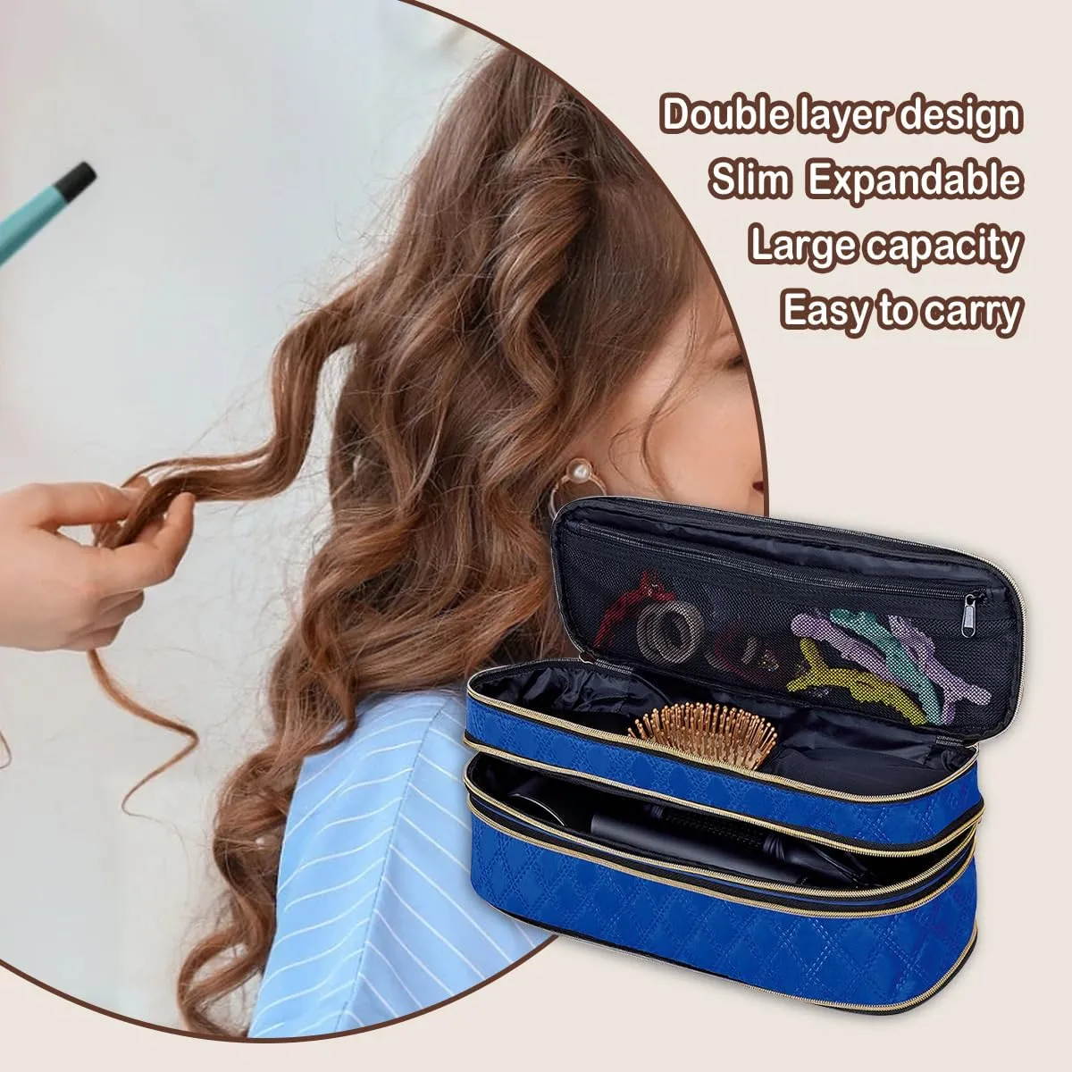 Hair Dryer Travel Carrying Case, Curling Iron Storage Bag, Slim Expandable Handheld Dual-Layer Travel Storage Bag for Dryer/Hair Tool Organizer/Style Organizer