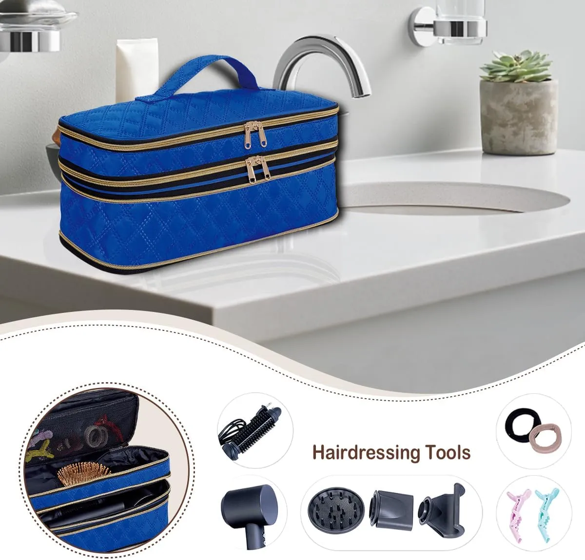 Hair Dryer Travel Carrying Case, Curling Iron Storage Bag, Slim Expandable Handheld Dual-Layer Travel Storage Bag for Dryer/Hair Tool Organizer/Style Organizer