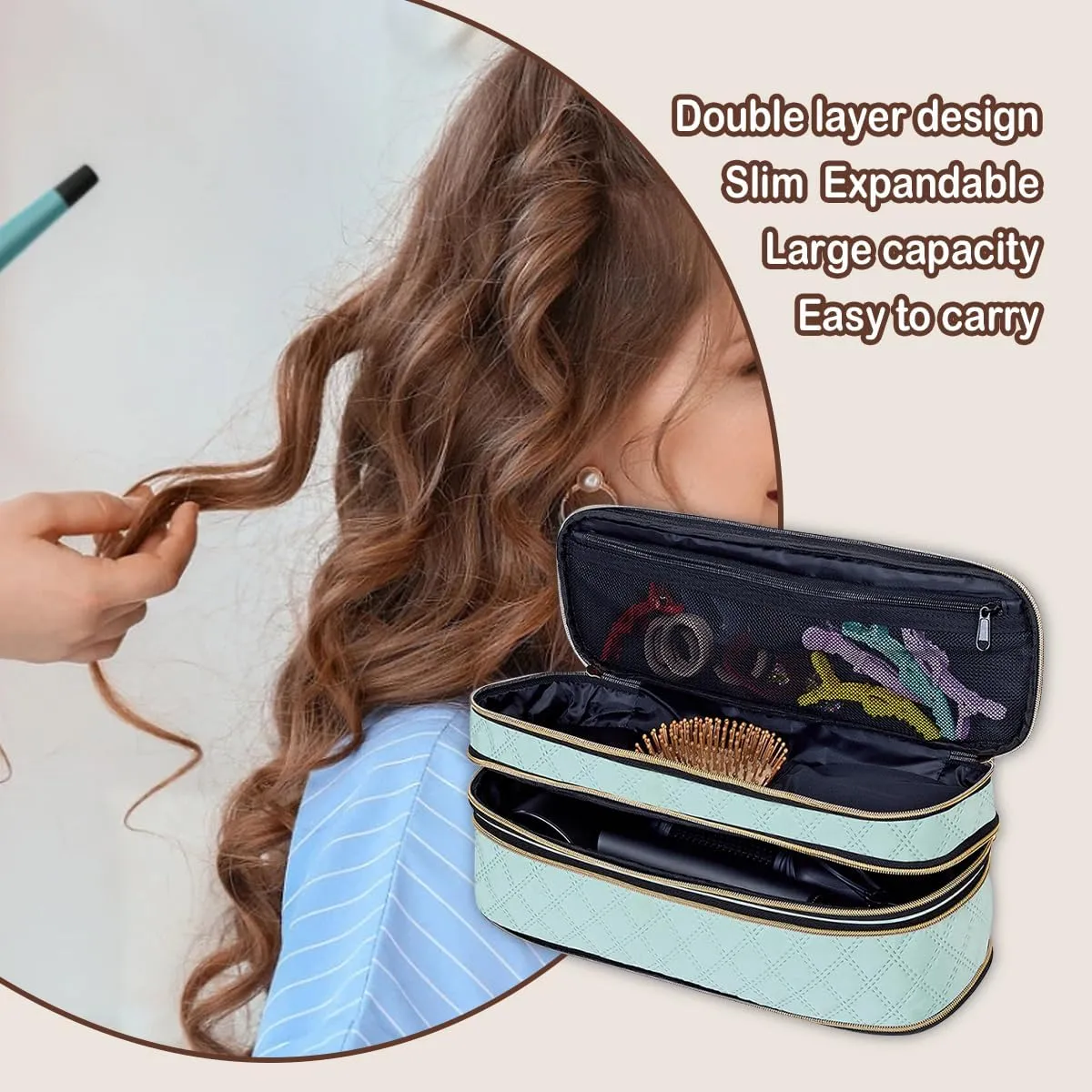 Hair Dryer Travel Carrying Case, Curling Iron Storage Bag, Slim Expandable Handheld Dual-Layer Travel Storage Bag for Dryer/Hair Tool Organizer/Style Organizer