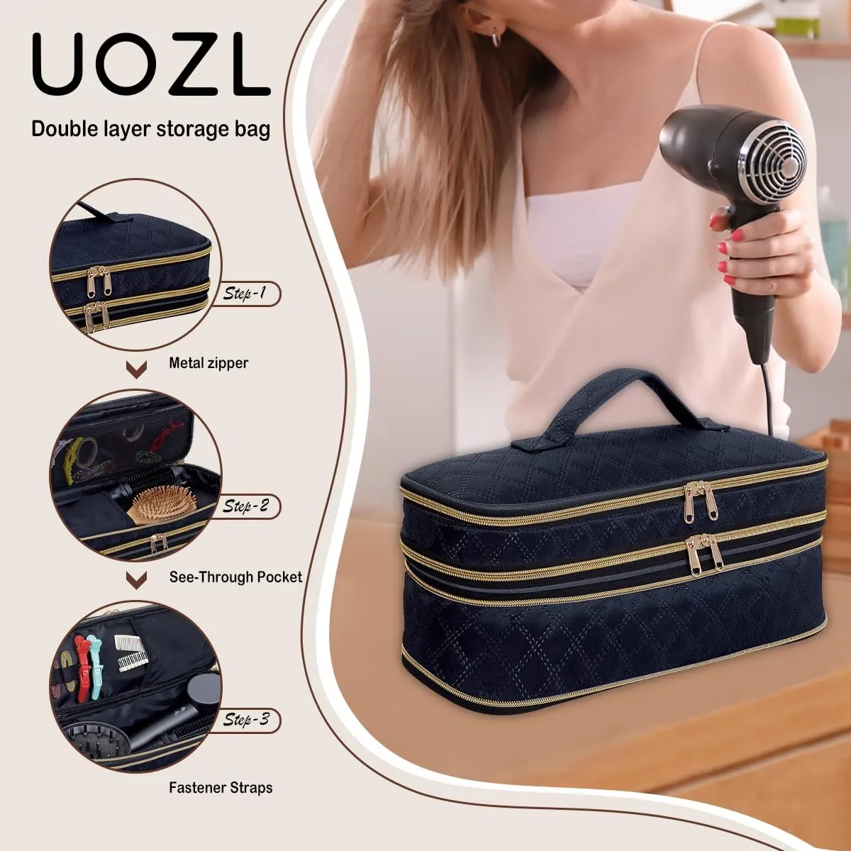 Hair Dryer Travel Carrying Case, Curling Iron Storage Bag, Slim Expandable Handheld Dual-Layer Travel Storage Bag for Dryer/Hair Tool Organizer/Style Organizer