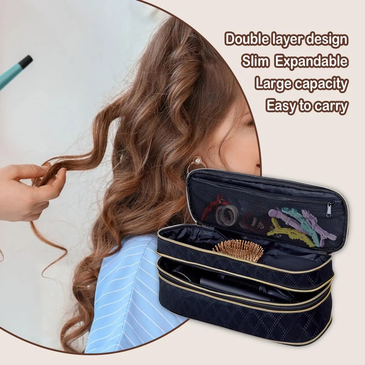 Hair Dryer Travel Carrying Case, Curling Iron Storage Bag, Slim Expandable Handheld Dual-Layer Travel Storage Bag for Dryer/Hair Tool Organizer/Style Organizer