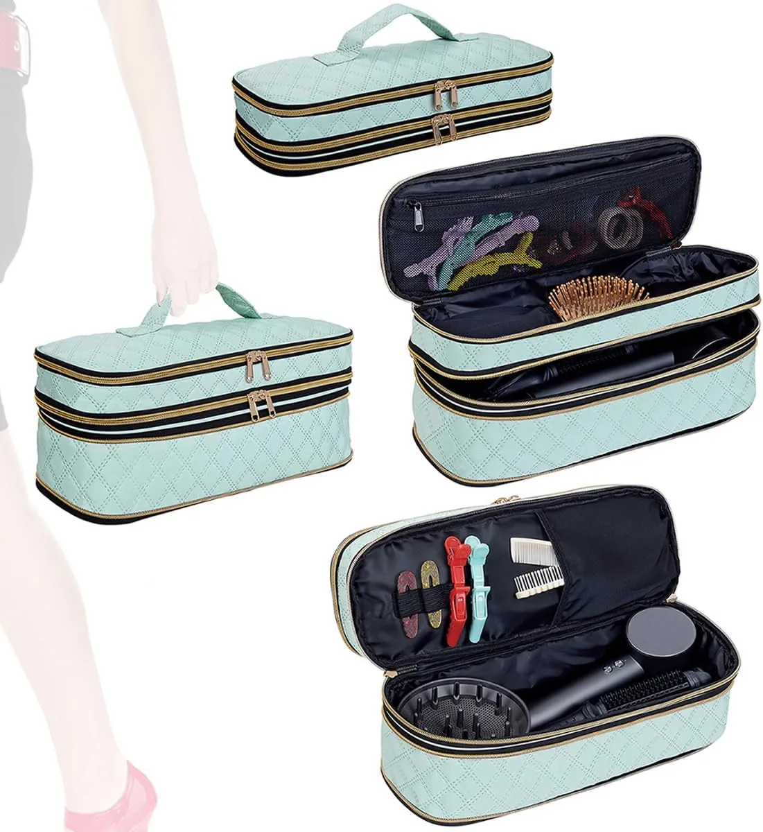 Hair Dryer Travel Carrying Case, Curling Iron Storage Bag, Slim Expandable Handheld Dual-Layer Travel Storage Bag for Dryer/Hair Tool Organizer/Style Organizer