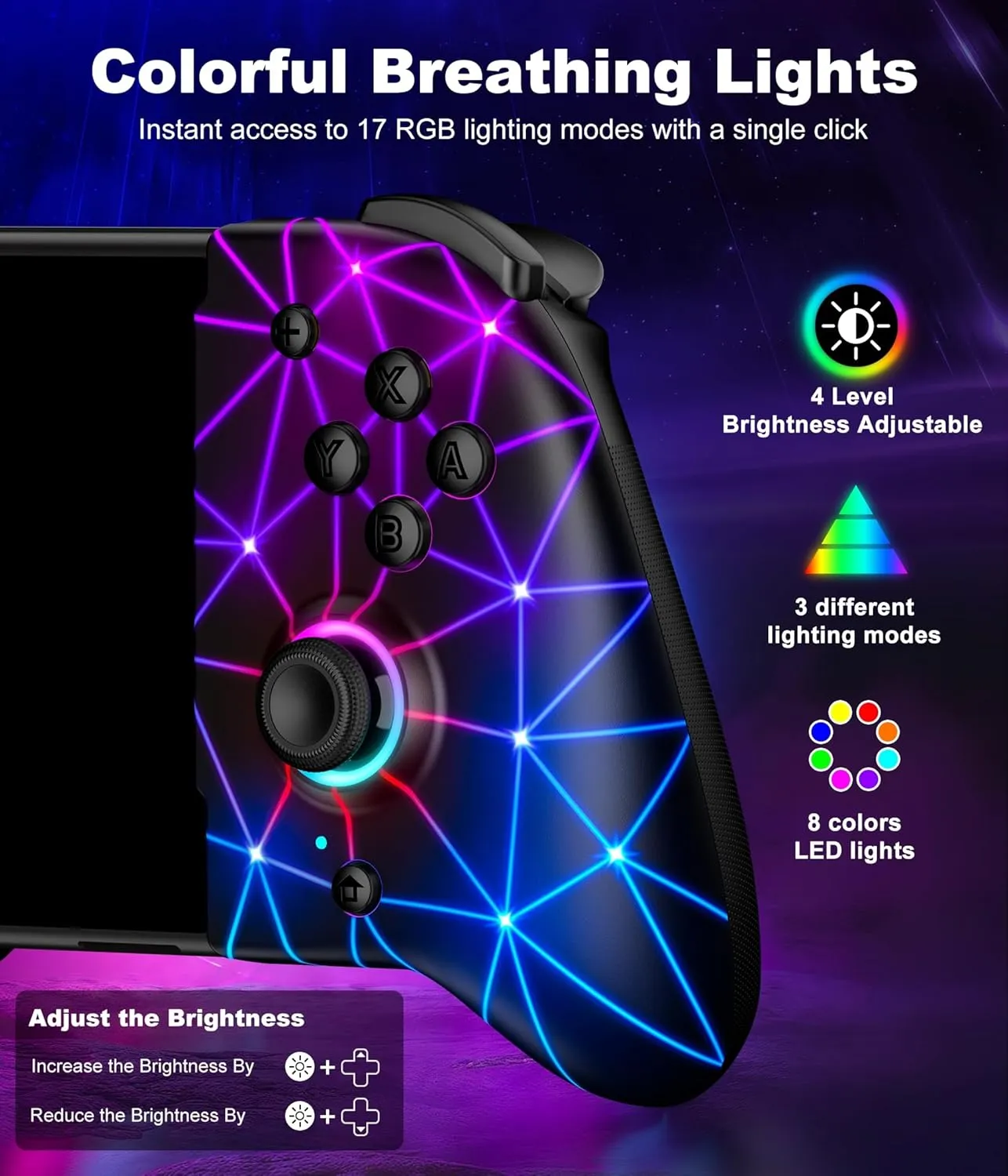 Hall Effect Joystick Controller for Nintendo Switch/OLED, Wireless One-Piece Handheld Switch Joypad - Macro, Adjustable Light, Ergonomic Grip, Turbo, Diamond Pattern