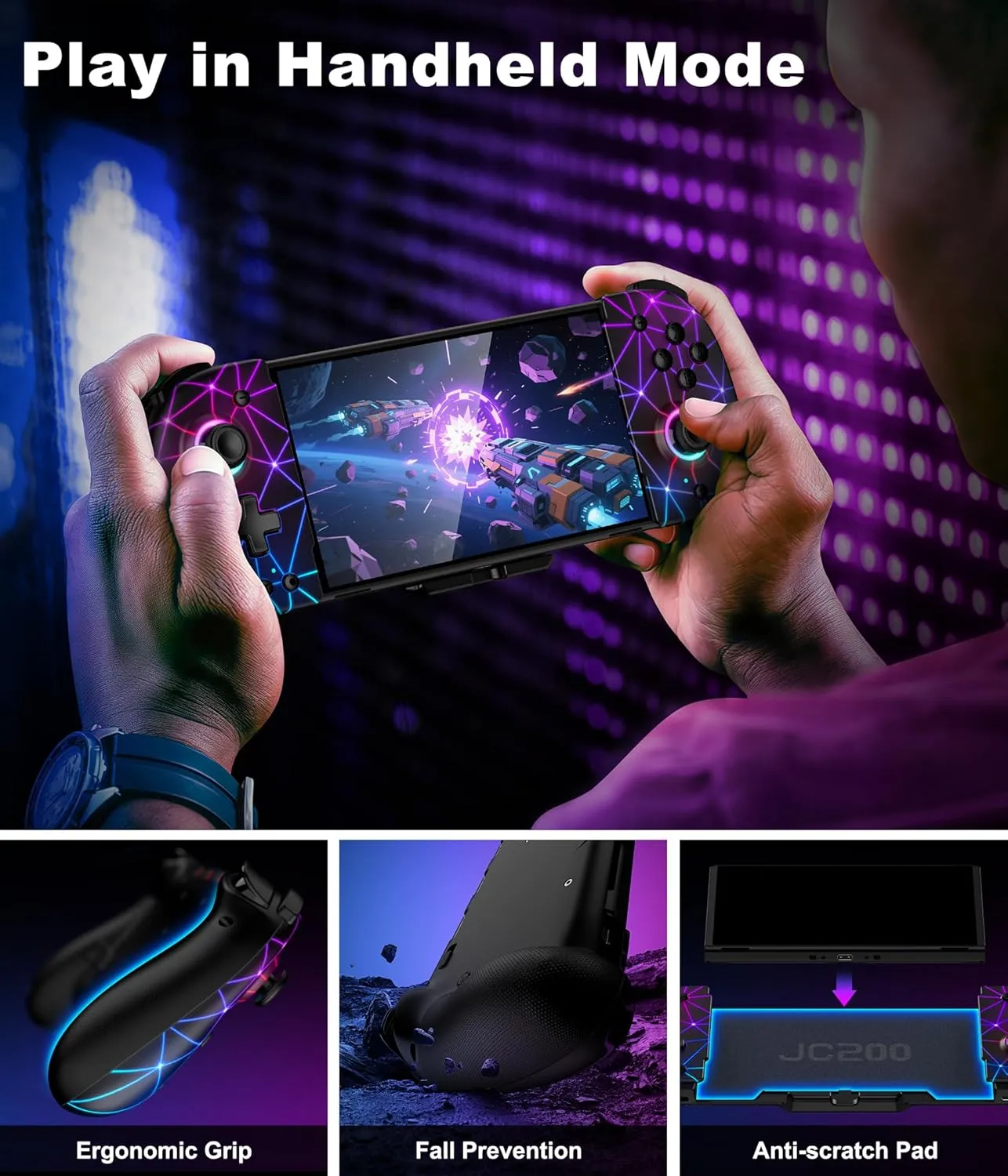 Hall Effect Joystick Controller for Nintendo Switch/OLED, Wireless One-Piece Handheld Switch Joypad - Macro, Adjustable Light, Ergonomic Grip, Turbo, Diamond Pattern