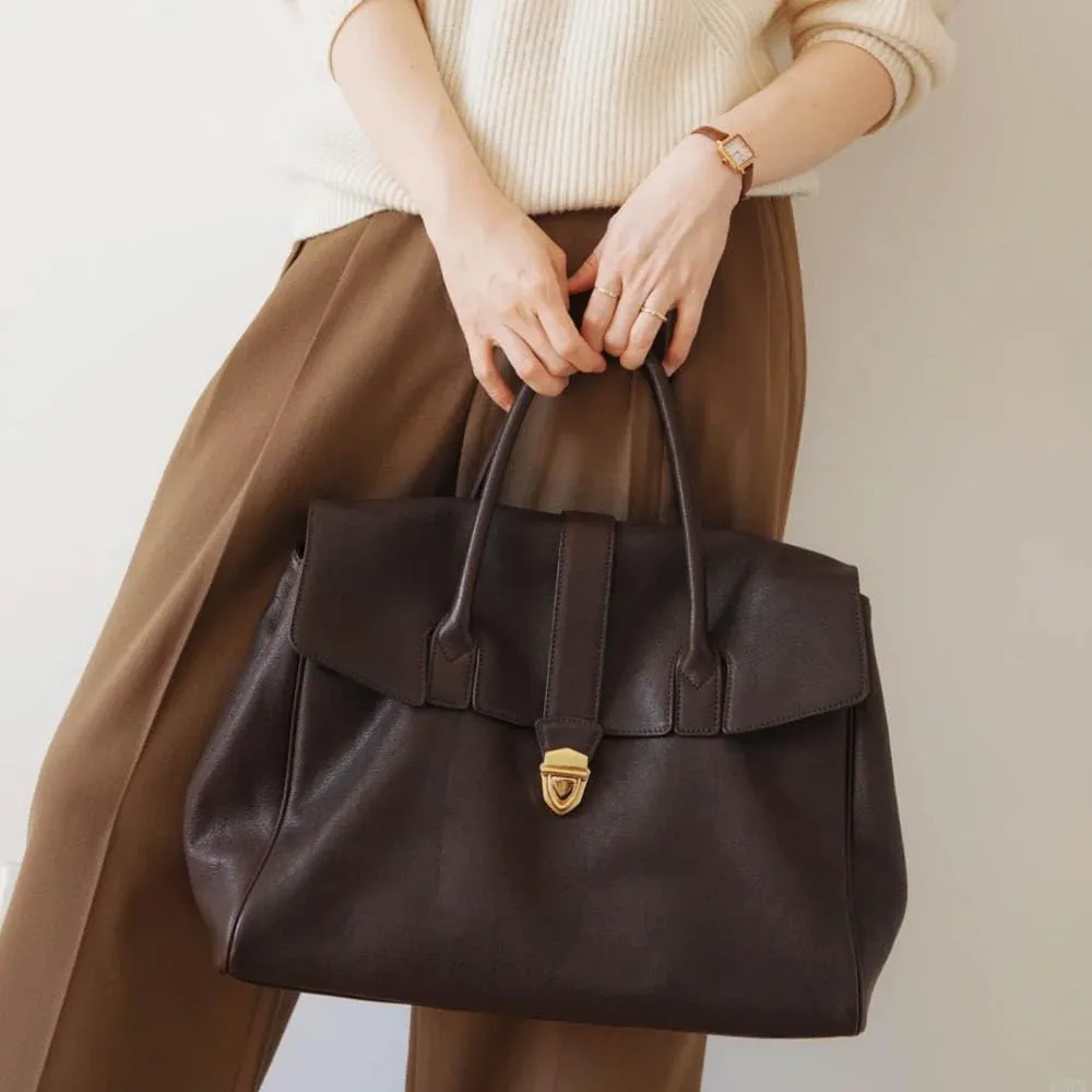 Handheld briefcase women's vintage leather large capacity commuting tanned cowhide women's bag