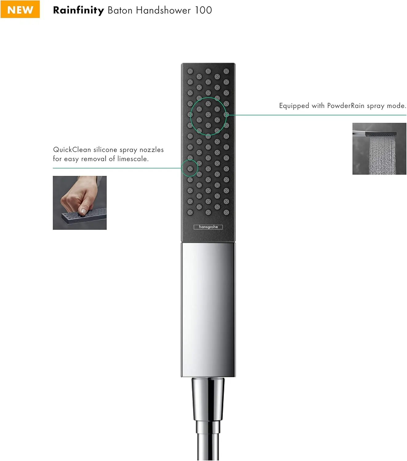 hansgrohe Rainfinity 2-inch Modern Handheld Shower Head 1-Spray PowderRain in Chrome, 26866001, 2.5