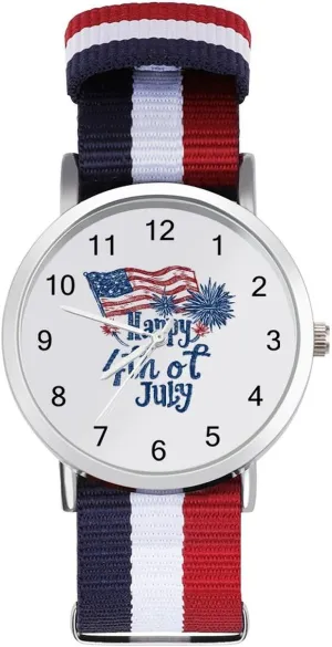 Happy 4th of July Unisex Watch Lightweight Breathable Woven Nylon Wrist Strap Watch with Metal Buckle