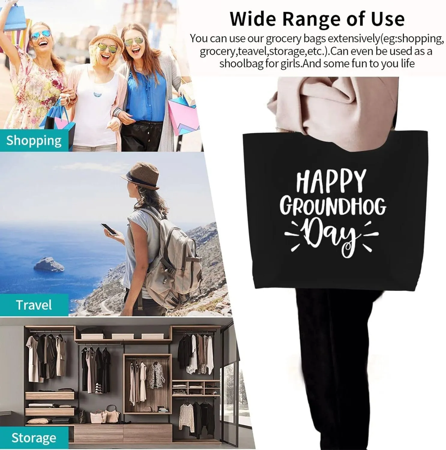 Happy Groundhog Day Women'S Lightweight Canvas Handbag Reusable Shopping Bag